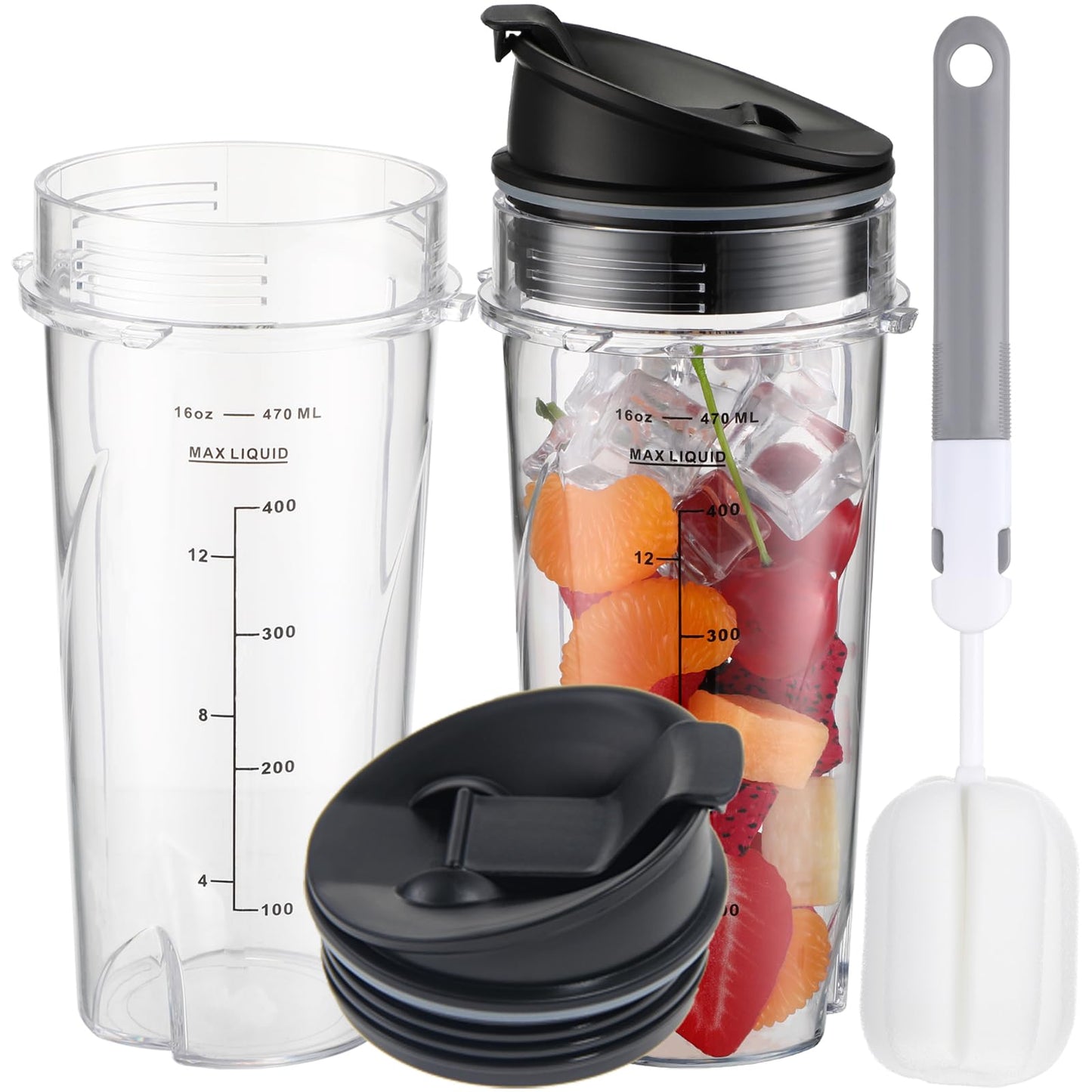 Sonkettek For Ninja Blender Cups 16oz Replacement Parts for Ninja QB3001SS BL770 BL780 BL660 BL740 BL810 QB3000SS, 2 Pack Nutri Ninja Series Blenders 16oz cups with Sip & Seal Lids