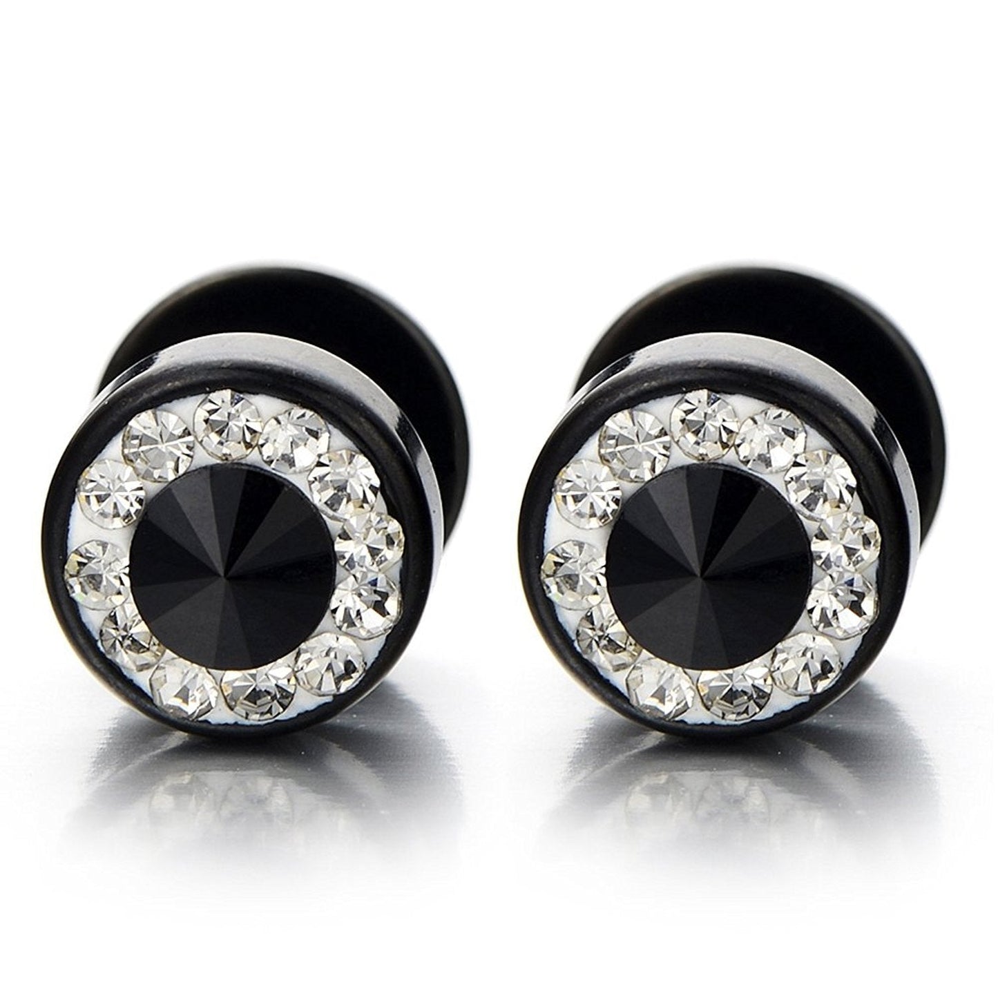 10mm Mens Black Stud Earrings Stainless Steel Illusion Tunnel Plug Screw Back with Cubic Zirconia, 2pcs