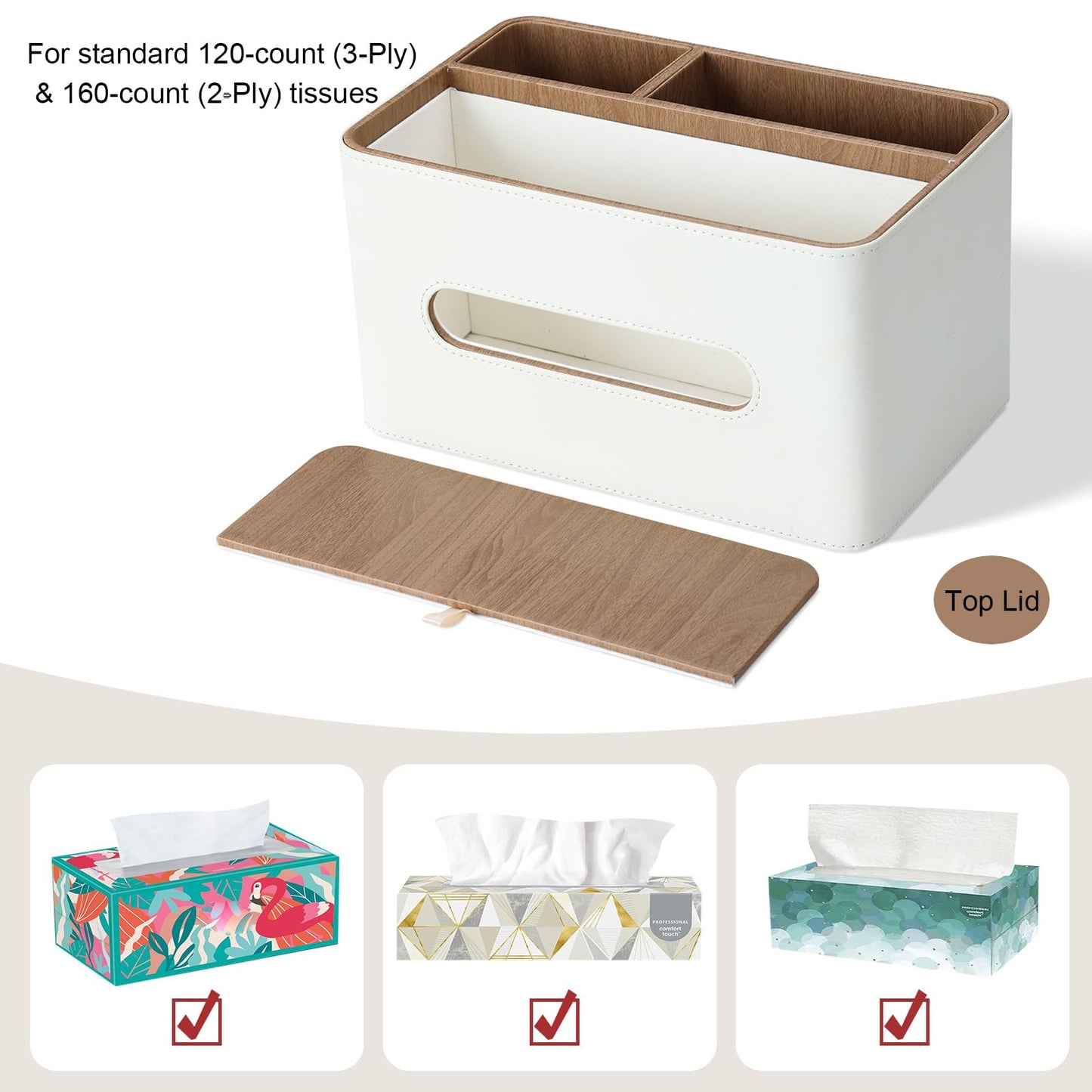 PU Leather Tissue Box Cover Rectangular with Storage Organizer, Multifunctional Remote Control Holder, Desk Organizer for Living Room, Bedroom, Office, Decorative Tissue Holder with Compartments Beige