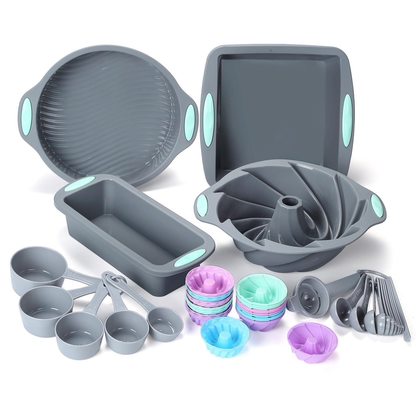To encounter 45 Pieces Silicone Bakeware Set, Heat Resistant Baking Pans, Nonstick Baking Molds for Cake, Bread and Cupcake, with Measuring Cups and Spoons Set, Light Grey
