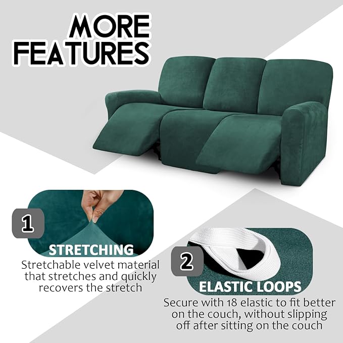 ULTICOR Velvet 8-Pieces Recliner Sofa Covers Stretch Reclining Couch Covers for 3 Cushion Reclining Sofa Slipcovers Furniture Covers Thick Soft Washable (3 Seater Recliner Cover, Retro Green)