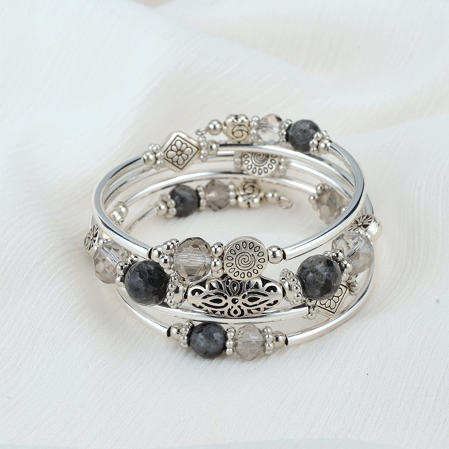 FULU AUTUMN Stackable Beaded Bracelets for Women Boho Wrap Silver Bracelet Layered Fashion Jewelry Gifts for Her(Grey)