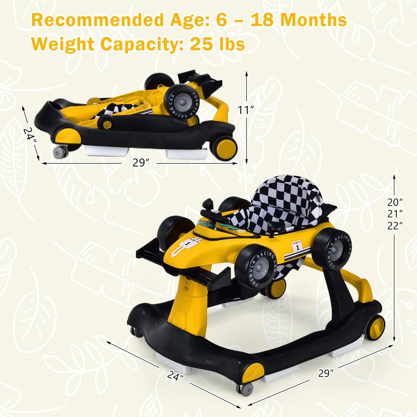 GLACER Foldable Baby Walker, 4-in-1 Infant Walker with Adjustable Height & Speed, Music, Light, Steering Wheel & Washable Cushion, Baby Walker Activity Center for Boys Girls 6 –18 Months (Yellow)