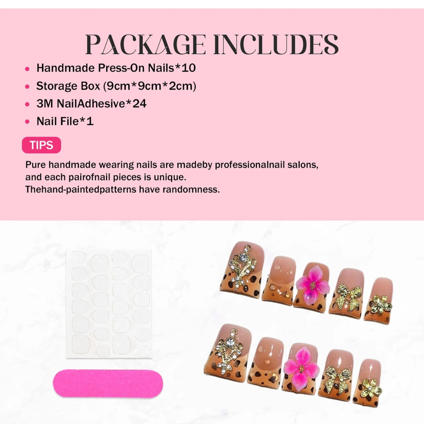 Qicaijia Short Duck Press on Nails Handmade Fake Nails Brown French Tip False Nails 3D Flower and Charms Designs Acrylic Nails Sparkly Reusable Stick on Nail for Wmen 10Pcs(Size M)