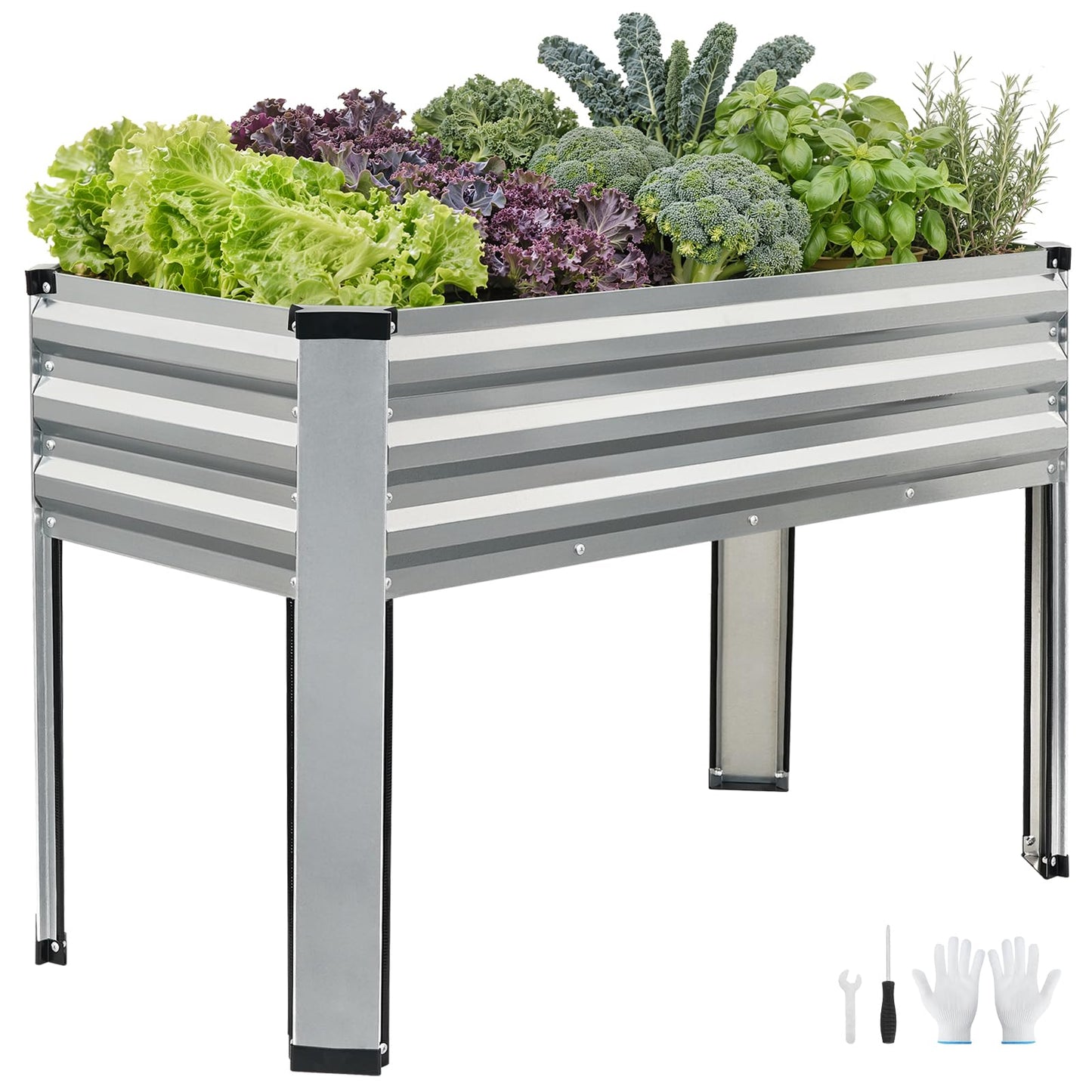 Galvanized Raised Garden Bed with Legs, 48x24x32in Elevated Raised Garden Bed Outdoor with Drainage Holes, Planter Boxes for Gardening Vegetable Flower Fruit in Backyard, Patio, Balcony (Silver)