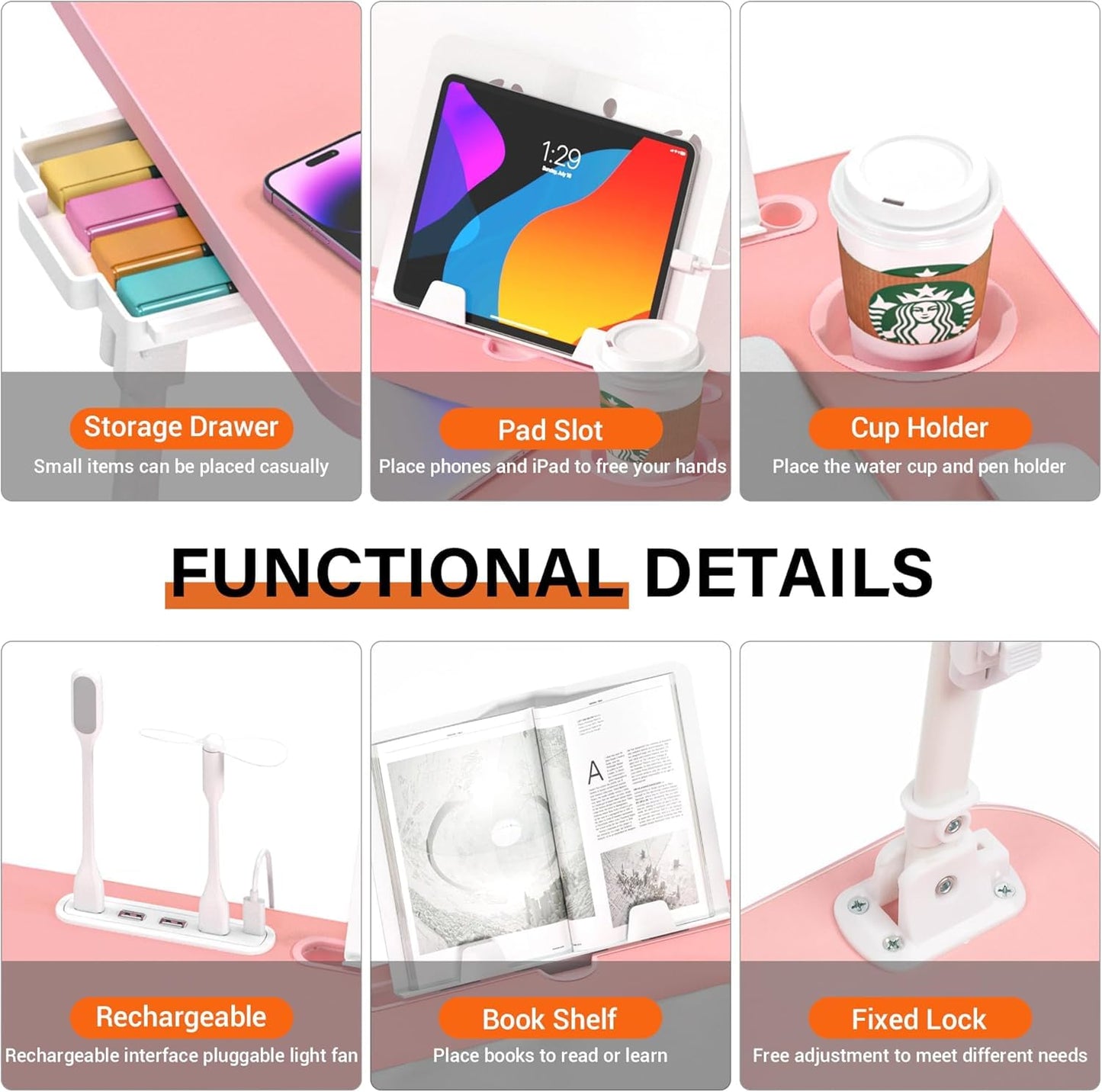 DECOSIS Bed Desk Height Adjustable, Bed Laptop Table with USB/Storage Drawer/Cup Holder/Tablet Stand/Book Shelf, Foldable Breakfast Tray Portable for Reading Writing, Bed, Sofa & Floor, Wood, Pink