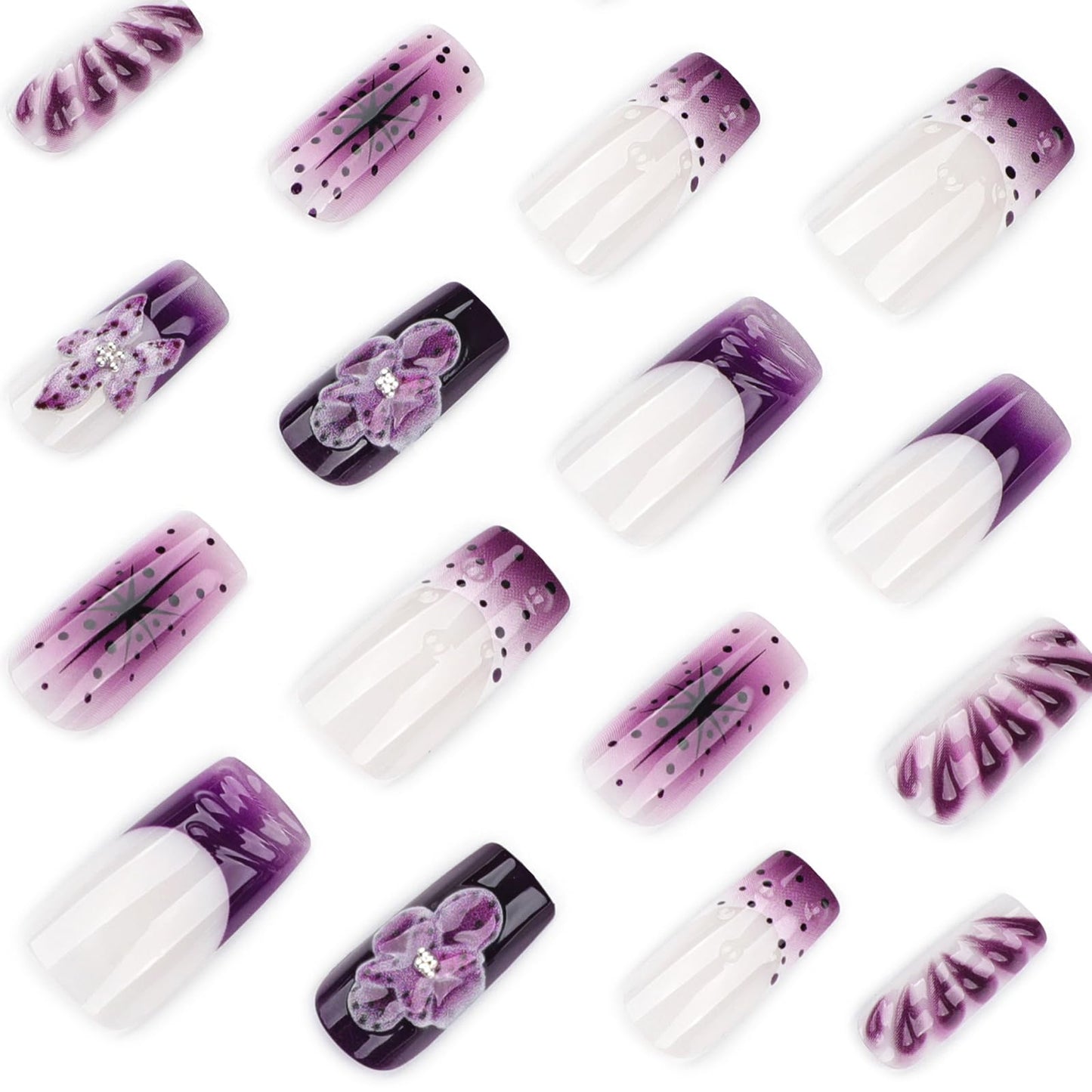 MISUD Press on Nails - Long Square Fake Nails with Purple French Tip, Acrylic Handmade 3D Gel Flower Design 24 pcs