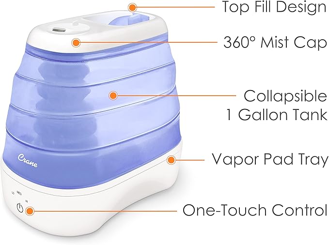 Crane Collapsible Cool Mist Humidifier for Bedroom and Office, 1 Gallon Portable Humidifier for Travel and Easy Storage, Blue and White