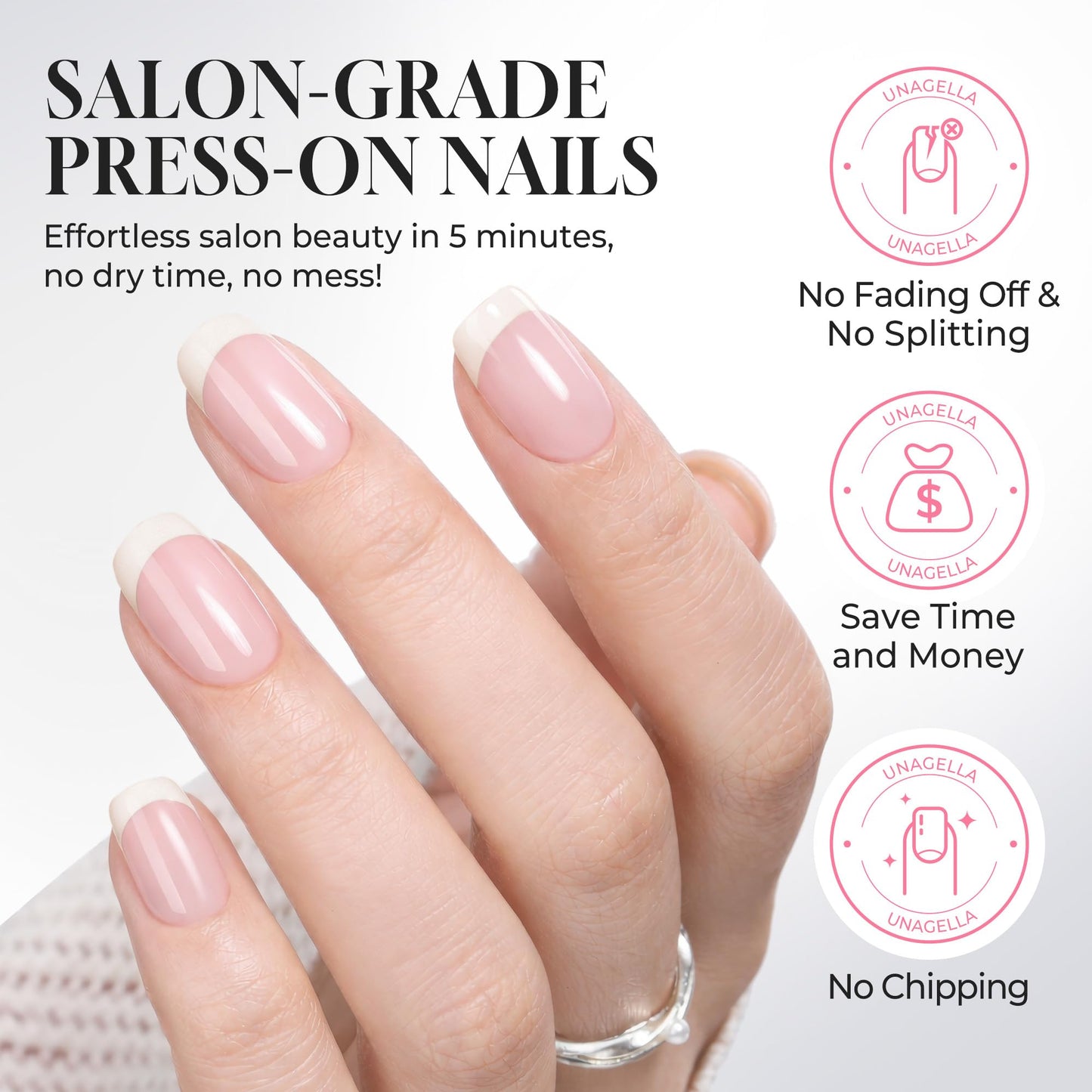 UNA GELLA 32Pcs Soft Gel Press on Nails - 16 Sizes French Tip Short Square Glue on Nails, Reusable Nude Beige False Nails, Full Cover Acrylic Nail Kit for Women DIY Home Manicure