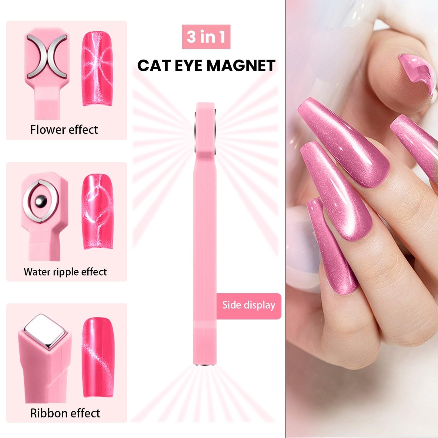 3 in 1 Nail Magnet Tool 7Pcs Cat Eye 3D Nails Art Cat Eye Gel Nail Polish Magnet Multi-Function Nail Magnet Stripe Cat Eye Gel Nail Polish Magnetic Wood Tools for Nail Salon DIY