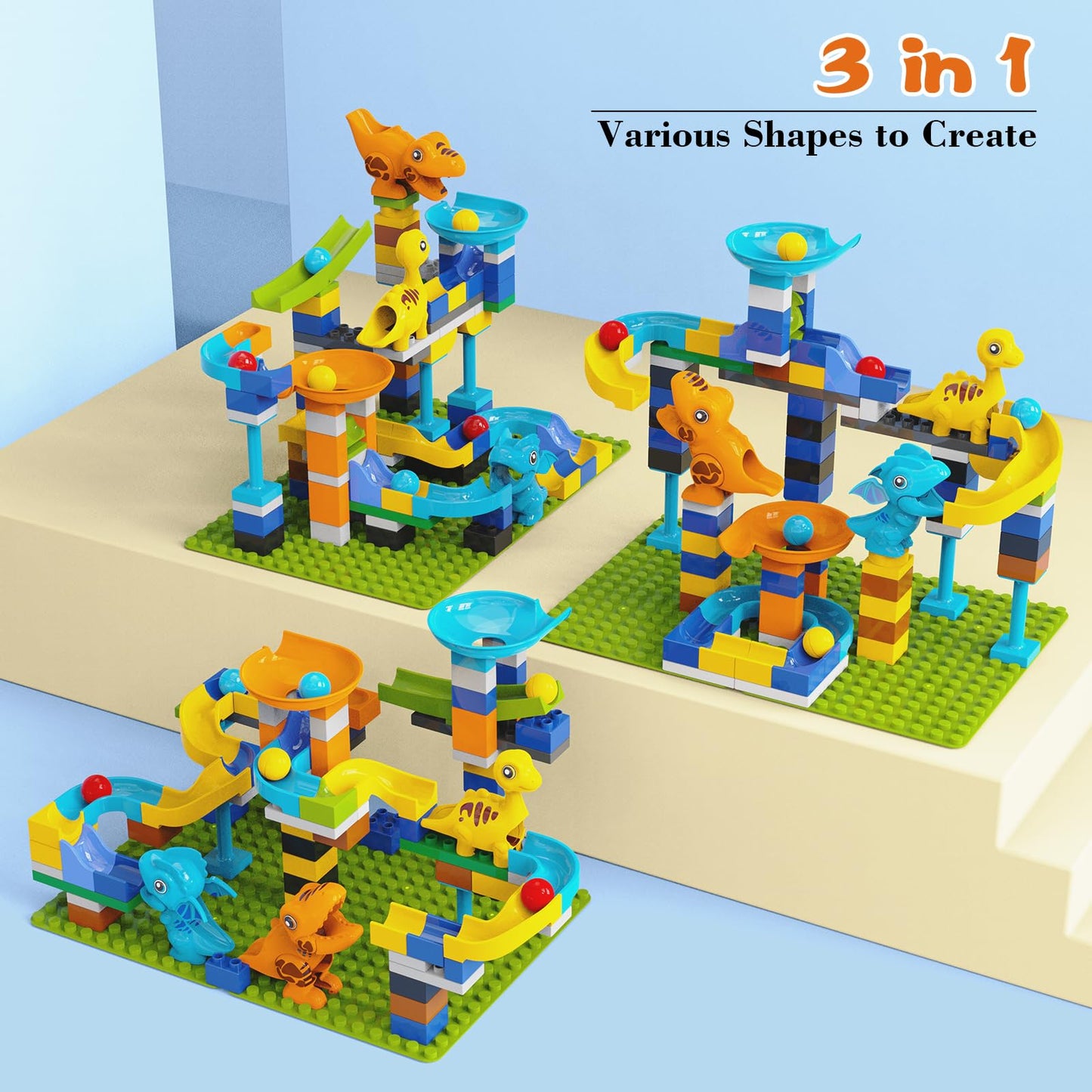 Anpcso Marble Run Building Blocks, Dinosaurs Marble Track Toy Classic Large Bricks for 3 4 5 6 7 + Year Old Boys Girls Kids, Bricks Compatible with All Major Brands