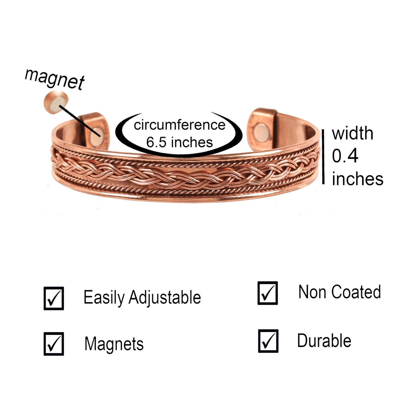 Touchstone Copper magnetic bracelet Tibetan style. Hand forged with solid and high gauge pure copper. Elegant braid pattern.