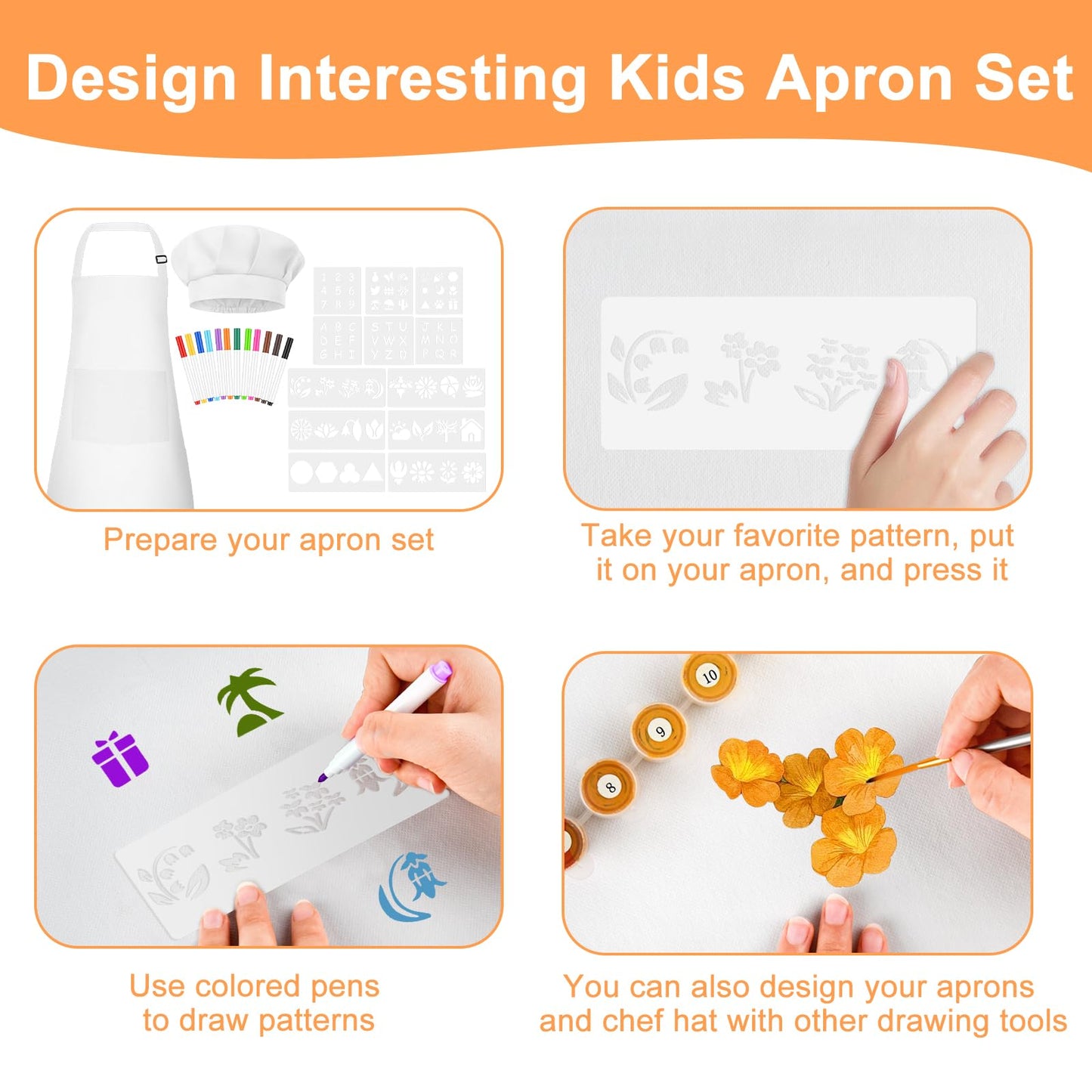 BOUBONI 12 Sets Kids Apron and Chef Hat Set Adjustable Toddler Apron with Colored Pen Template for Baking Painting Crafts