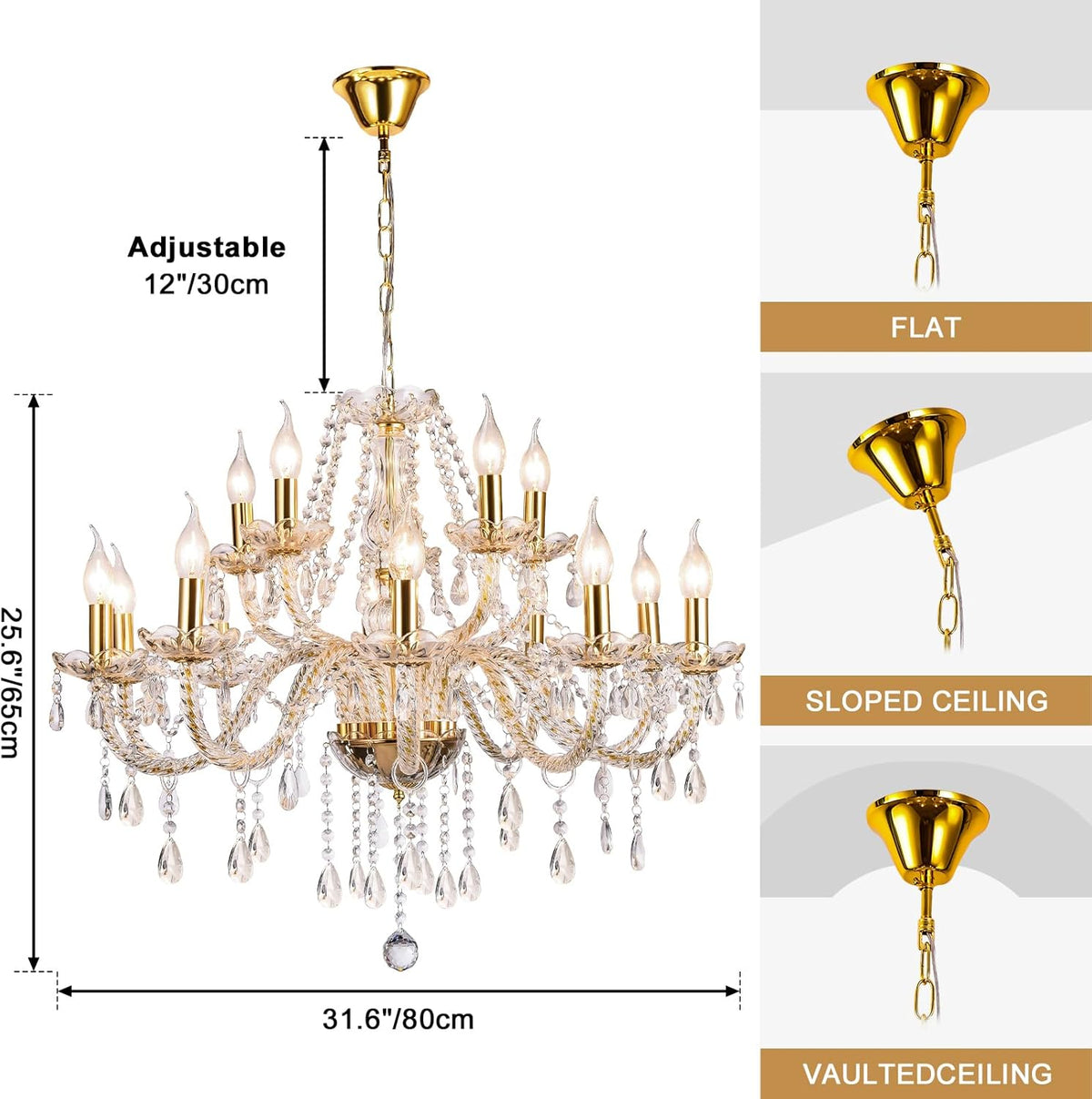 Modern Elegant 15 Lights K9 Crystal Glass Chandelier Golden Pendant Ceiling Lighting European Style for Dining Living Room Bedroom Transparent,15 E12 Bulbs Required