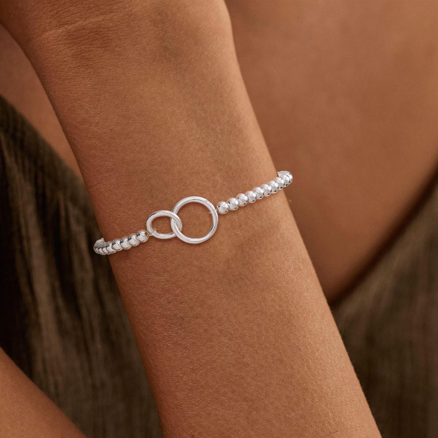 Beaded Bracelets for Women 14K Silver Gold Plated Stretch Handmade Ball Bracelets Cute Charm Bracelet Dainty Stackable Cross Heart Bow Wave CZ Circle Trendy Jewelry Easter Gifts (double-circle-silver)