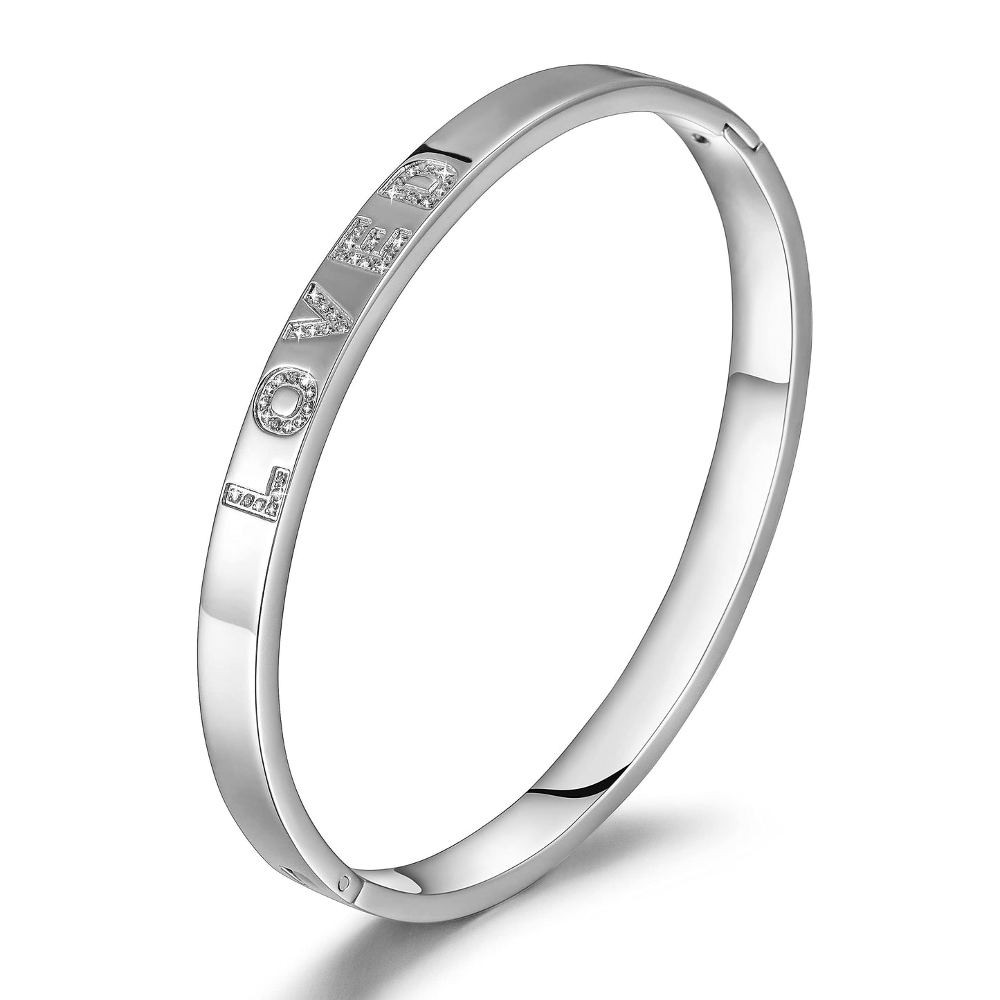WISTIC Gold Plated Bangle Bracelet for Women, Silver Engraved Letter Cuff Bracelet with CZ, Fits 6.0–7.0 Inch Wrist, 2.4in Inner Dia., Rose Gold Stainless Steel Hinged Bangle Jewelry, LOVED, Silver