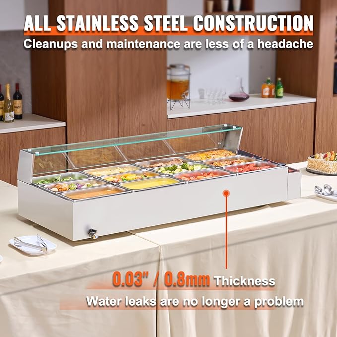 VEVOR 12-Pan Commercial Food Warmer, 12 x 8QT Electric Steam Table with Glass Cover, 1700W Countertop Stainless Steel Buffet Bain Marie 86-185°F Temp Control for Catering, Restaurants, Silver