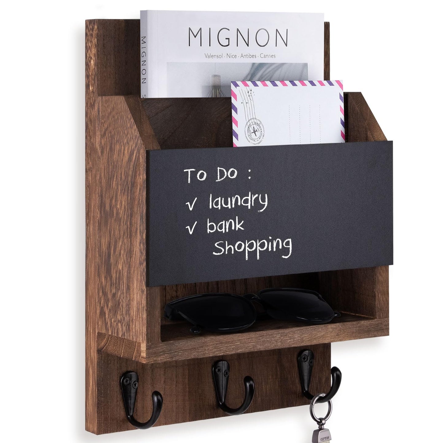 Lucundm Key and Mail Holder for Wall, Key Holder with Chalkboard and Long Storage Box, Key Hanger with 3 Sturdy Hooks for Coat, Dog Leash, Entryway Mail Organizer (Brown)
