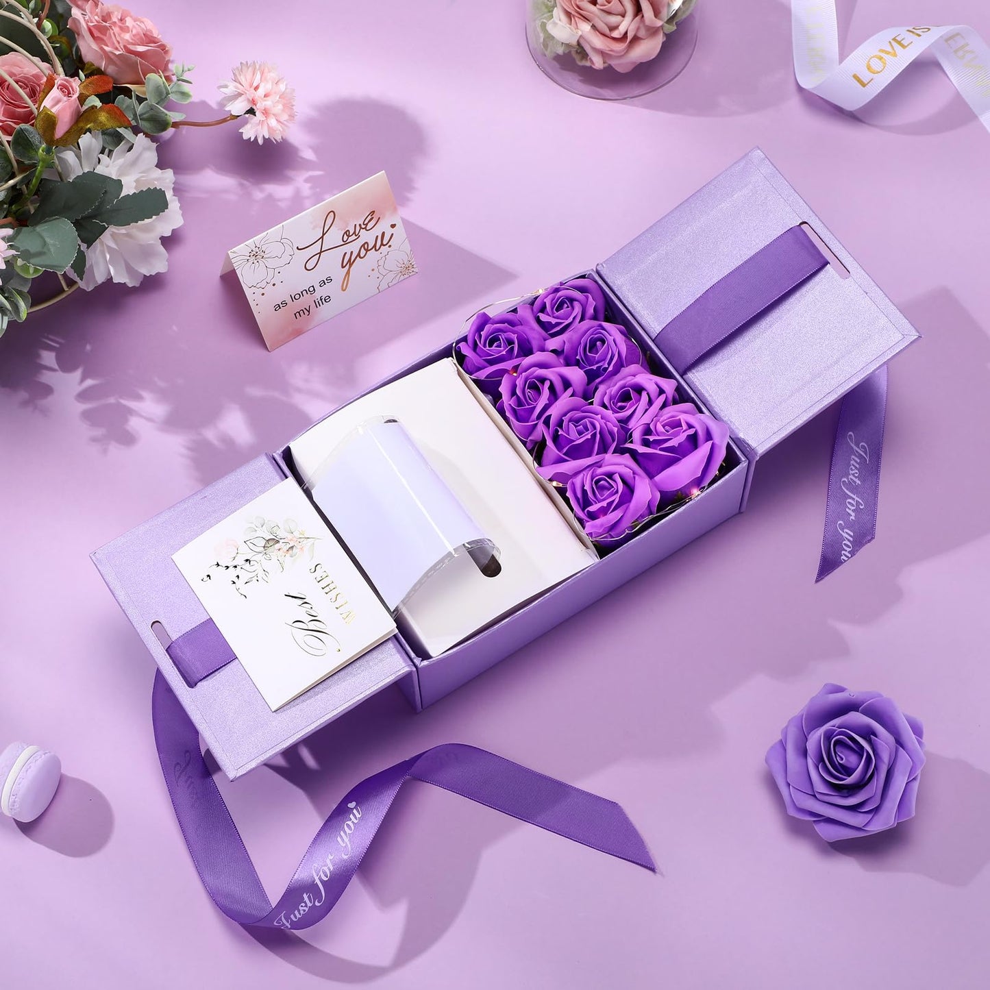 Resholder Money Pull Box for Cash Gift Mother's Day Money Pull out Gifts with 8 Rose 2 Greeting Card 1 Light String for Mom Husband Wife Birthday Anniversary Christmas(Purple)