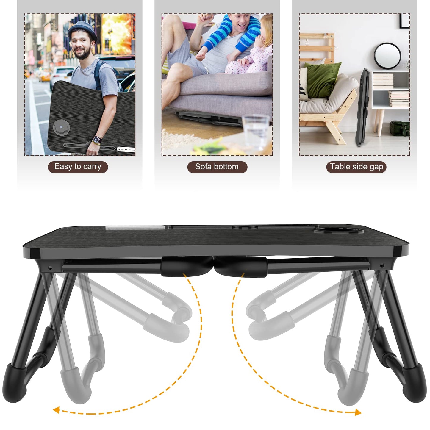 Zapuno Laptop Lap Desk, Foldable Laptop Table Tray with 4 USB Ports Storage Drawer and Cup Holder, Lap Bed Desk Notebook Stand Laptray Portable Standing Table for Bed Couch Floor