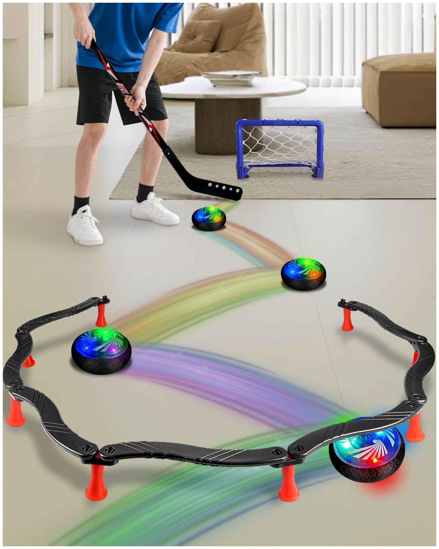 SPORTY PLAY Hockey Stick Handling Trainer – Adjustable Hockey Training Equipment Set with Hover Soccer Ball, Mini Goal & Sticks – Improve Skills & Coordination for Kids & Teens