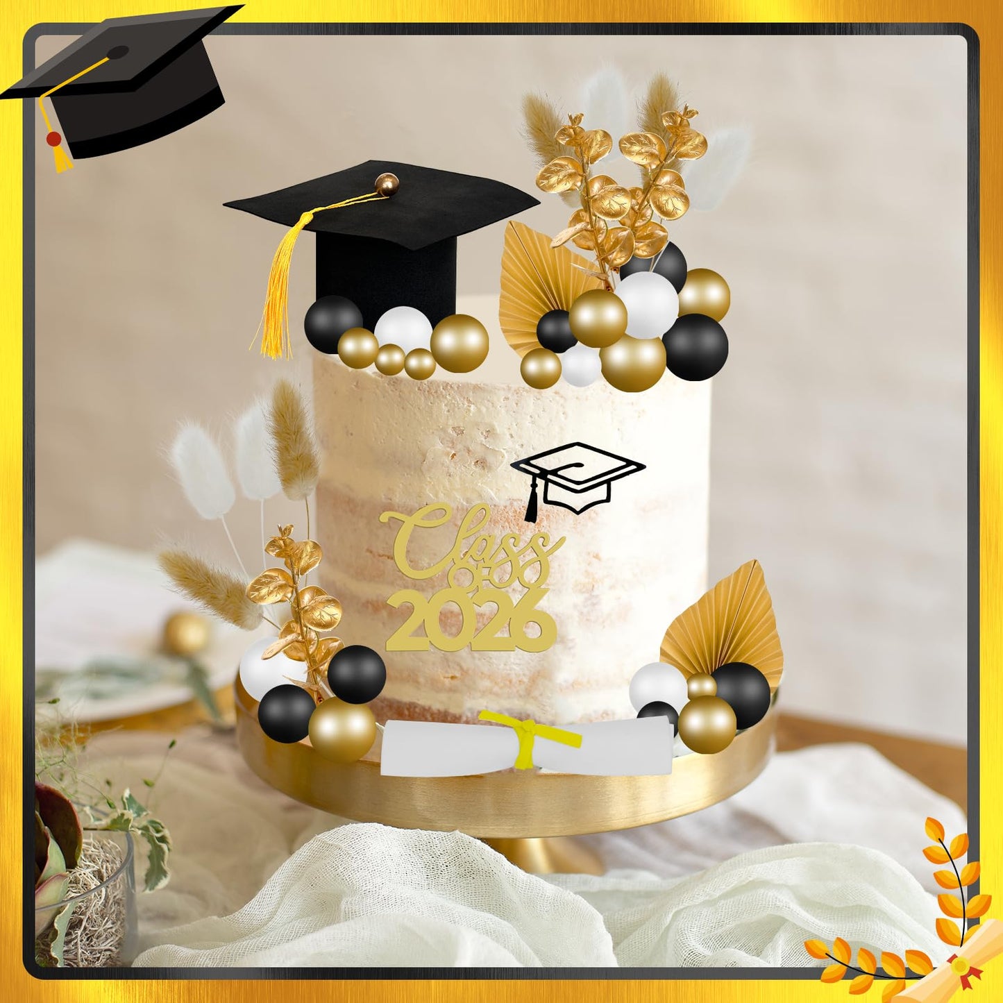 41 Pcs Graduation Cake Decorations Kit Including Class of 2026 Graduation Cake Topper Graduation Cap Diploma Folding Fan Cake Balloon Topper Foxtail Grass for Senior College Grad Congratulations Party