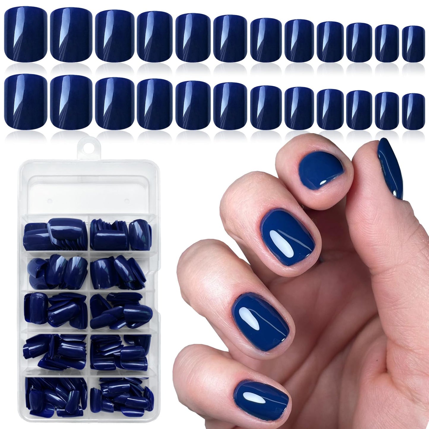 LuckForever Short Press on Nails 240pc Glossy Blue Press on Nails Short Square Fake Nails Full Cover False Fingernail French Tips Presson Nail 10 Sheets Glue Nail Adhesive Tabs File Tools for Women