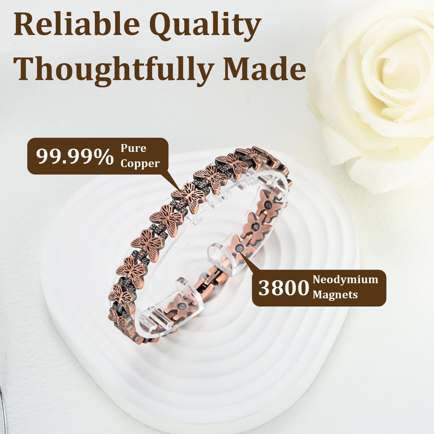 Fashtour Copper Bracelet and Ring Set for Women, 99.99% Pure Copper Magnetic Bracelet with Butterfly Design & Matching Adjustable Heart Ring – 3800 Gauss Magnets, Includes Sizing Tool & Gift Box