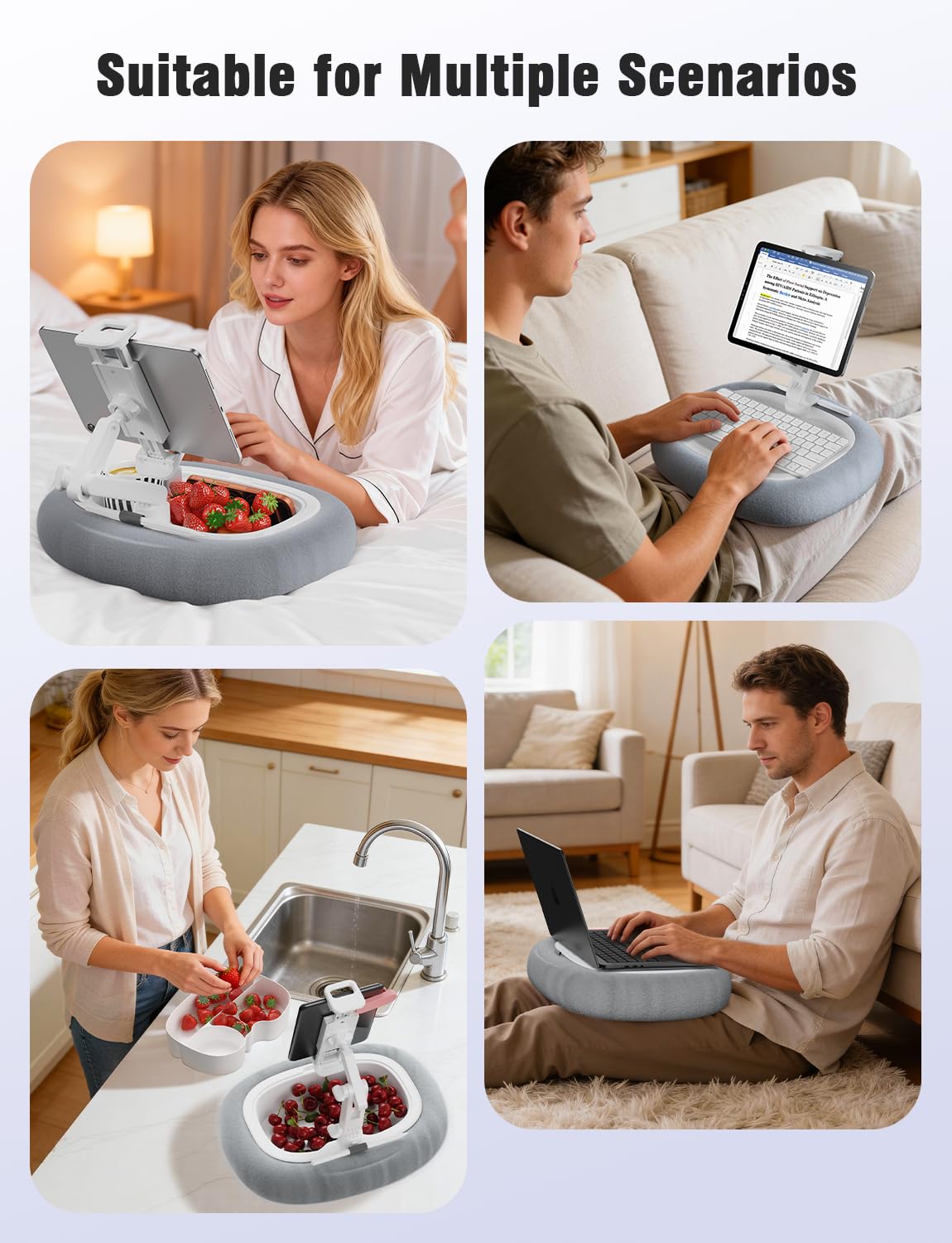 Tablet Kindle Pillow Stand Holder Free Adjustment with 3 Divided Trays Fit 4''-13'' Phone Kindle iPad Holder Stand Ultra Stable for Bed Soft Plus Fabric Dust Cover Lap Desk Kindle Accessories Gray