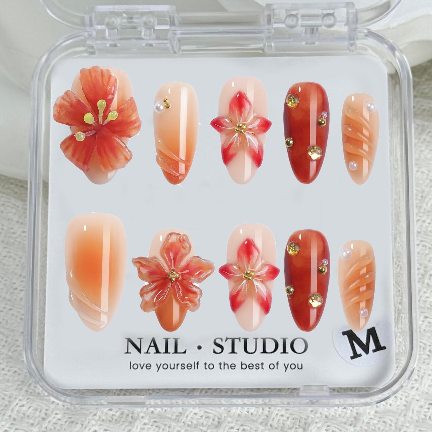 Handmade Press on Nails French Medium Almond Fake Nails with 3D Flower Pink Red Gradient Design Gold Maple Leaf False Nails for Girls Manicure Art Decoration Accessories (Size M)