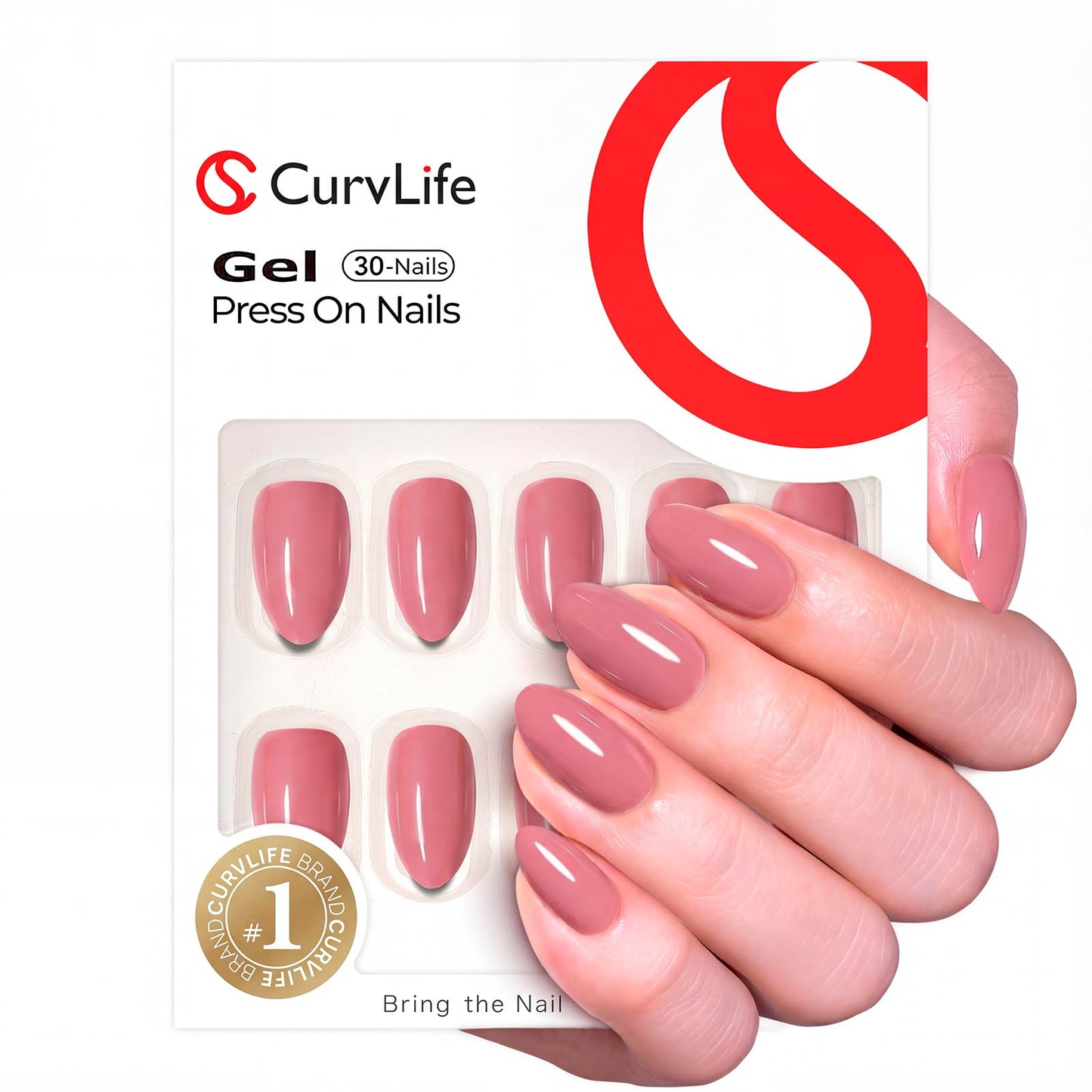 CurvLife Medium Almond Press On Nails, Soft Gel Pre-Built Apex Fake Nails, Nude Pink Structured Design, Reusable Full Cover Press Ons for Women
