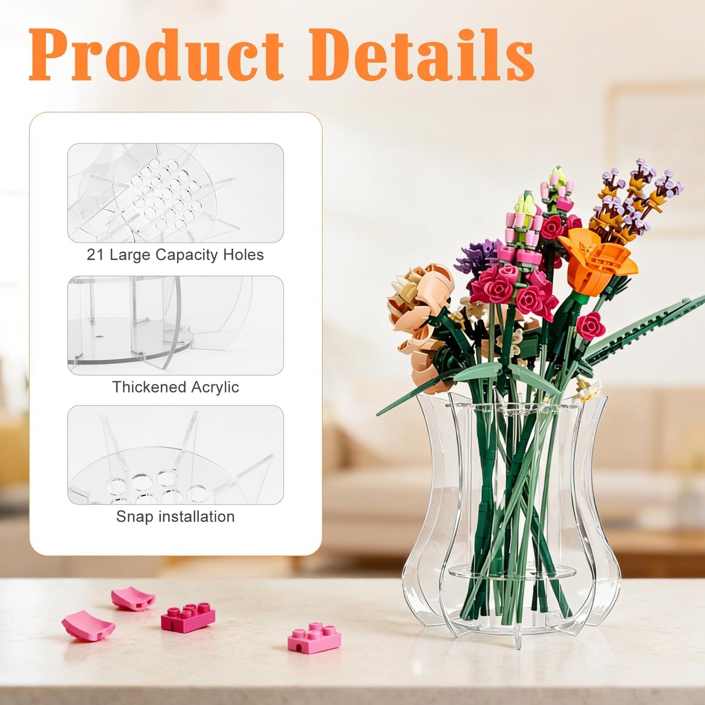 Upgraded Acrylic Vase for Lego Flowers - Thickened Sturdy Display Stand & Holder for Lego Flower Bouquet Building Set, Botanical Collection, Roses & Orchids | Larger Hole Arrangement Design (Clear)