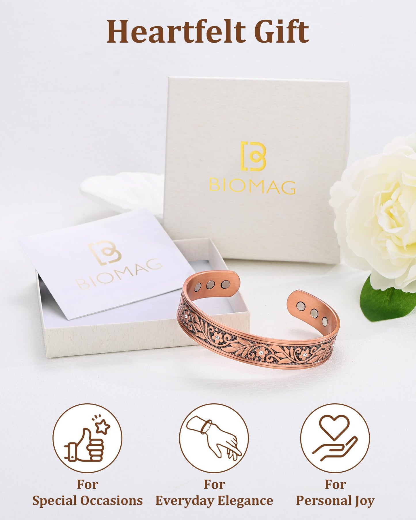 BioMag Magnetic Copper Bracelet for Women Men, 99.99% Pure Copper Cuff Bangle with 6 Pcs 3500 Gauss Magnets, Adjustable Size, Floral Vine Pattern