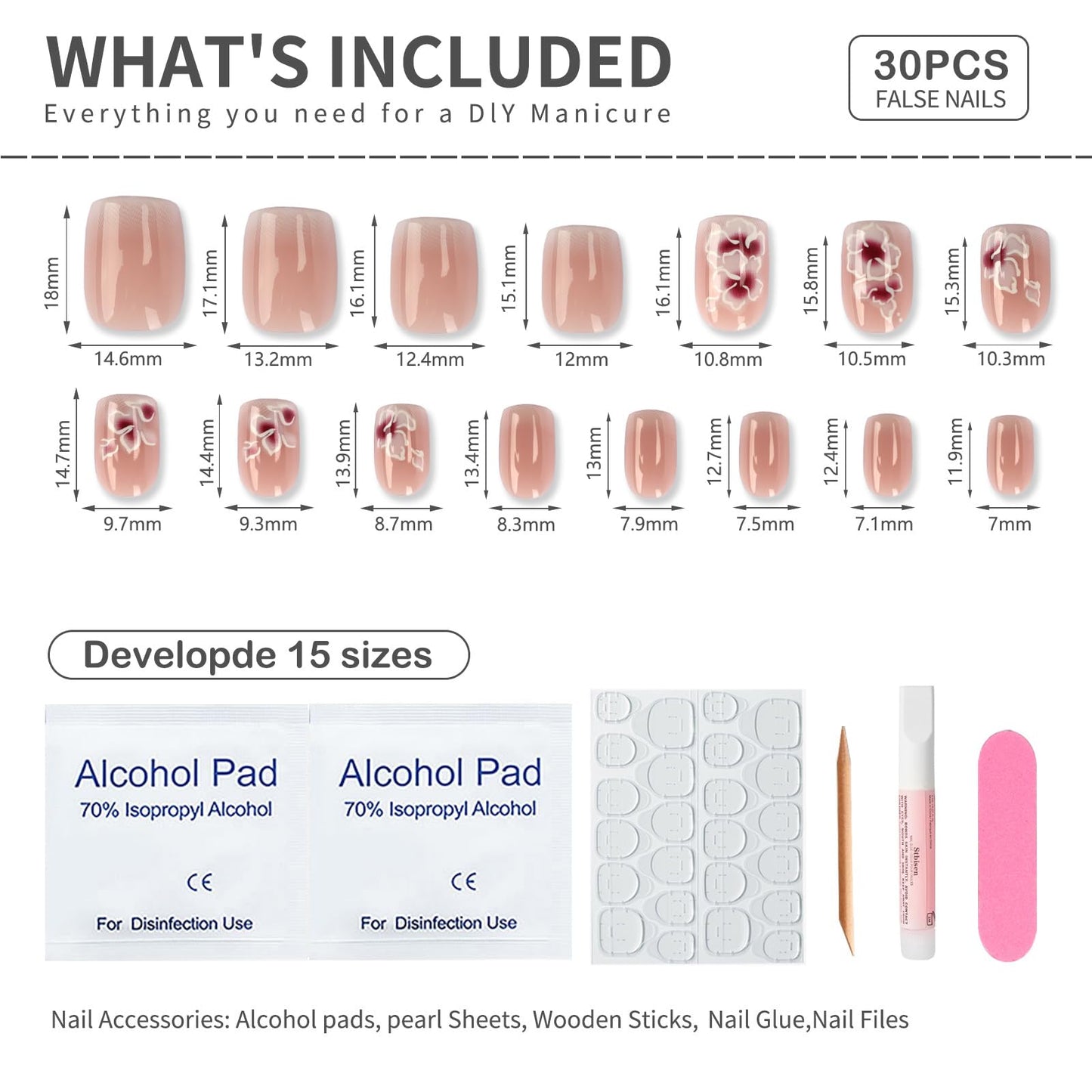 Stbisen Press On Nails Short Square, Nude Pink Fake Nails with White Floral & Gradient French Tip Design, Reusable Stick On Nails, Perfect for Daily Wear, Offering a Natural and Refined Touch, 30 Pcs