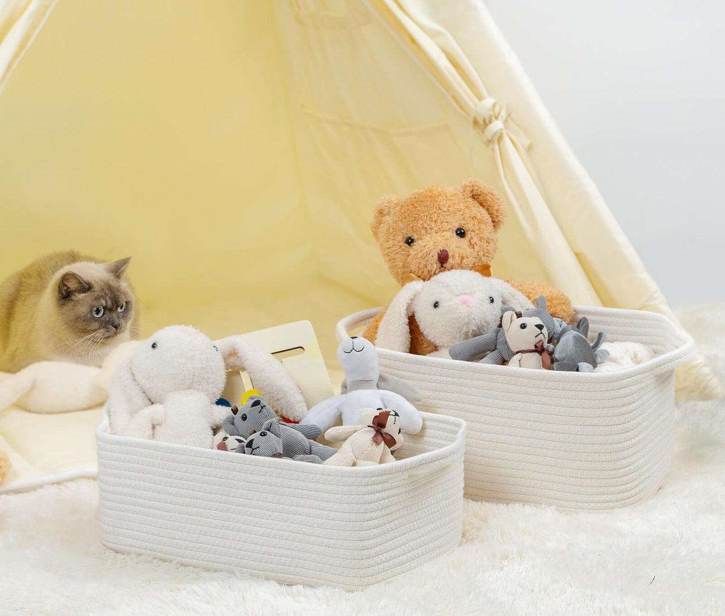 CubesLand Cute and Durable Small Cotton Rope Basket for Organizing, Woven Closet Storage Bin,Shelves Closet Storage Basket, Bathroom Storage Organizer Bin, Nursery Toy Basket Bin, White Basket