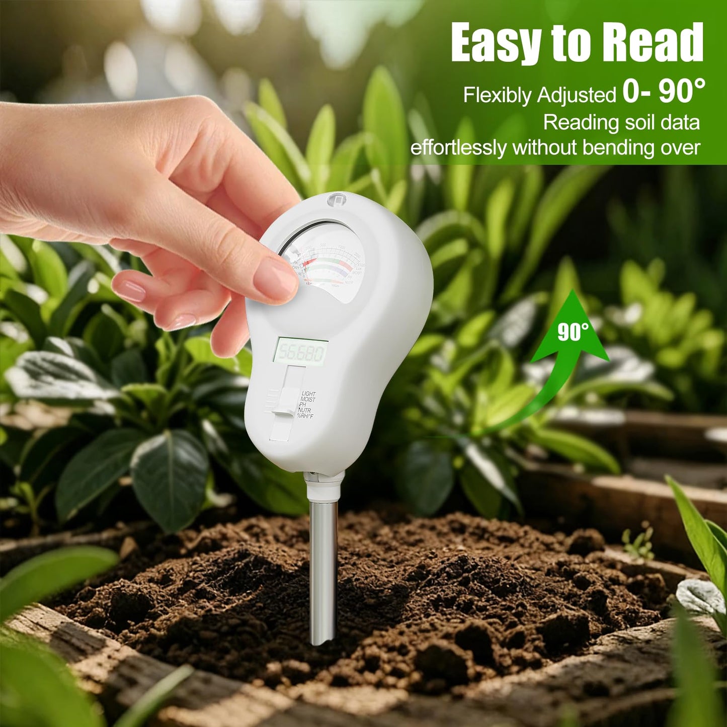 SPECILITE 6-in-1 Soil Tester, Digital Soil Moisture Meter/PH Meter/Sunlight/Temperature/Fertility Monitor with 2 Removable Probe, Dual Screen Soil Test Kit for Gardening, Lawn, Indoor & Outdoor Plant