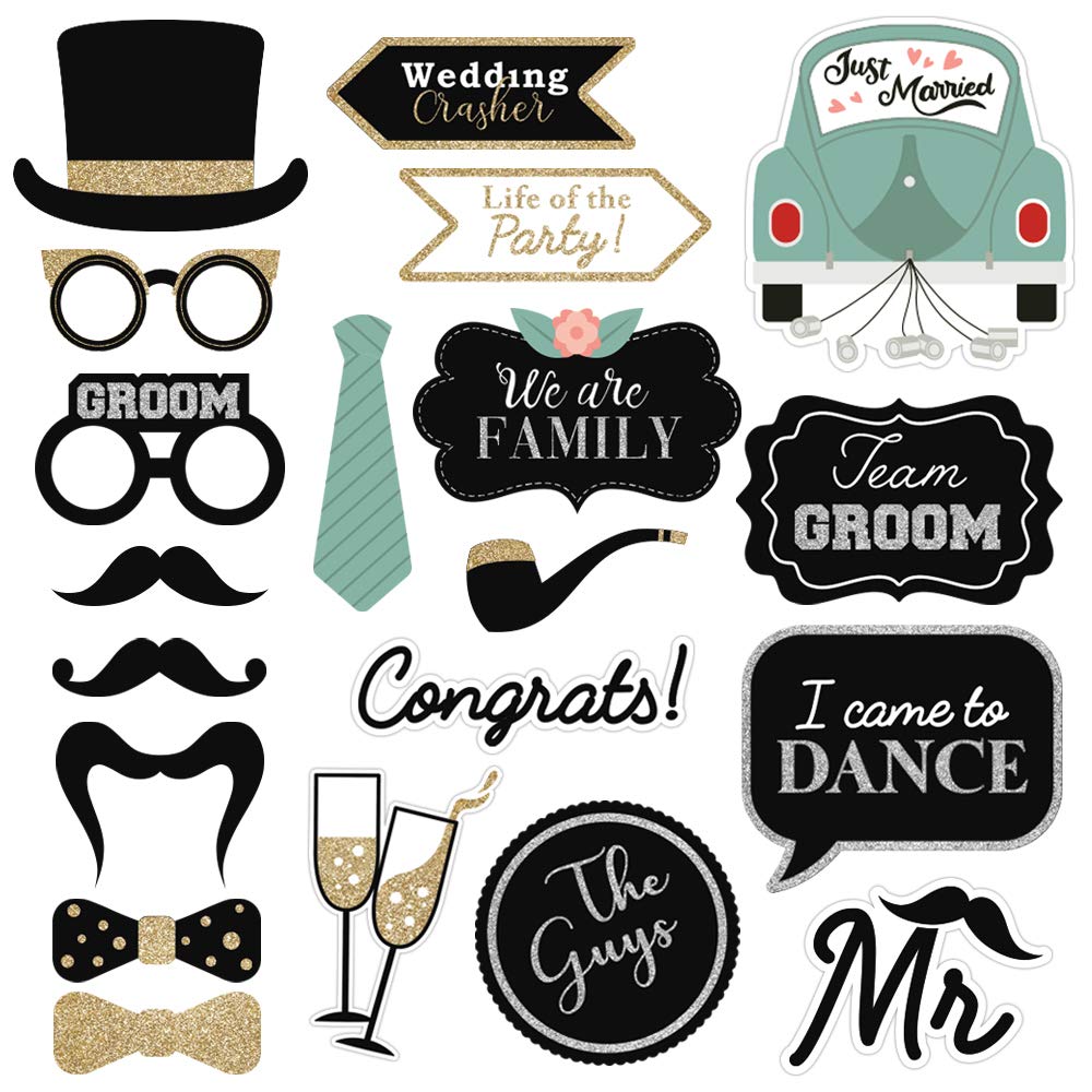 Fully Assembled Wedding Photo Booth Props - Set of 40 - Gold, Pink, Teal, & Silver Selfie Signs - Wedding Party Supplies & Decorations - Cute Designs with Real Glitter - Did We Mention No DIY
