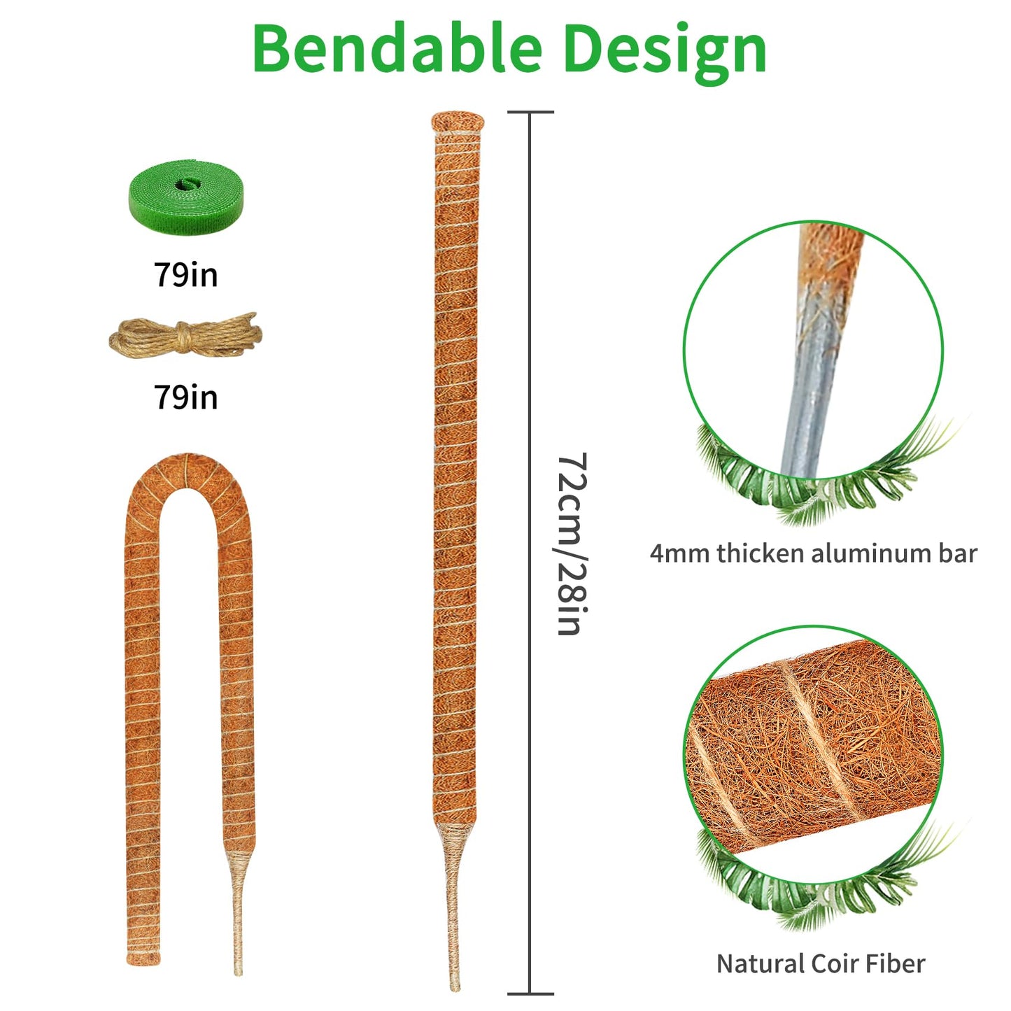 Dimpoo 4 Pack 28 Inch Moss Pole Monstera Plant Support, Coir Moss Poles for Climbing Indoor Plants, Bendable Plant Stake Trellis for Potted Plant, Pothos, Philodendron