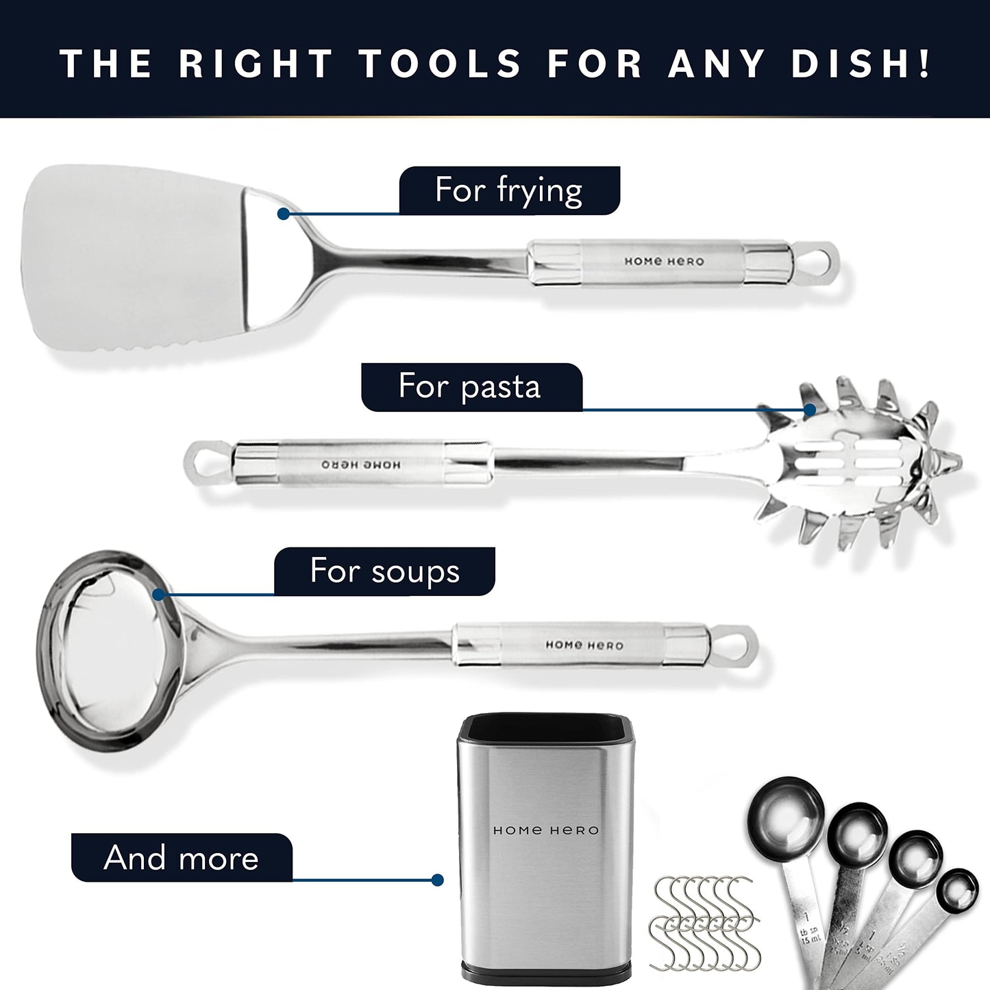 Home Hero 32-Piece Stainless Steel Kitchen Utensil Set - Heat-Resistant Nonstick Silicone Tools - Durable Stainless Steel Cooking Tools - Measuring Cups & Spoons with Holder - 32 Pc, Silver
