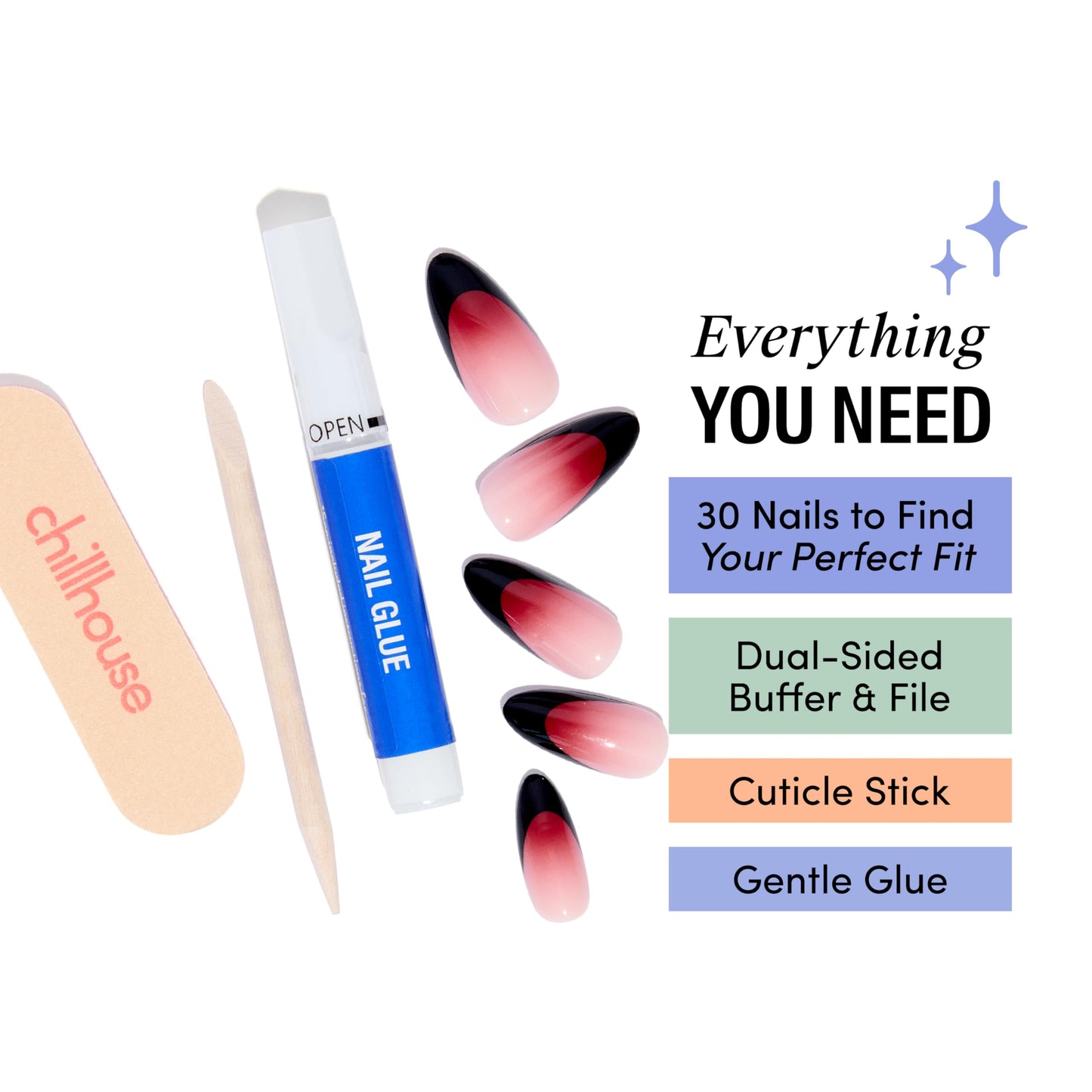 Chillhouse Chill Tips Signatures Press On Nails Kit, Flesh to Death - 30 Nail Shapes & Sizes, Dual-Sided Buffer & File, Cuticle Stick & Glue - Long-Lasting Nail Art Manicures
