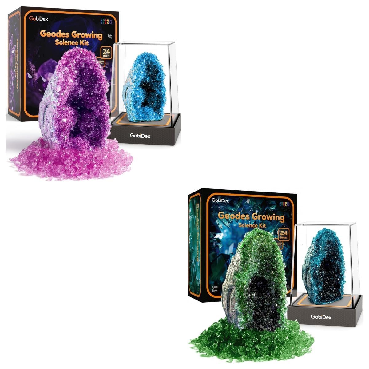 GobiDex Geodes Crystal Growing Kit for Kids, 24-Hour Fast Crystal Growth, 4 Pieces Science Experiments Kit with Display Cases - DIY STEM Toys, Educational Gift for Boys&Girls Ages 8-12