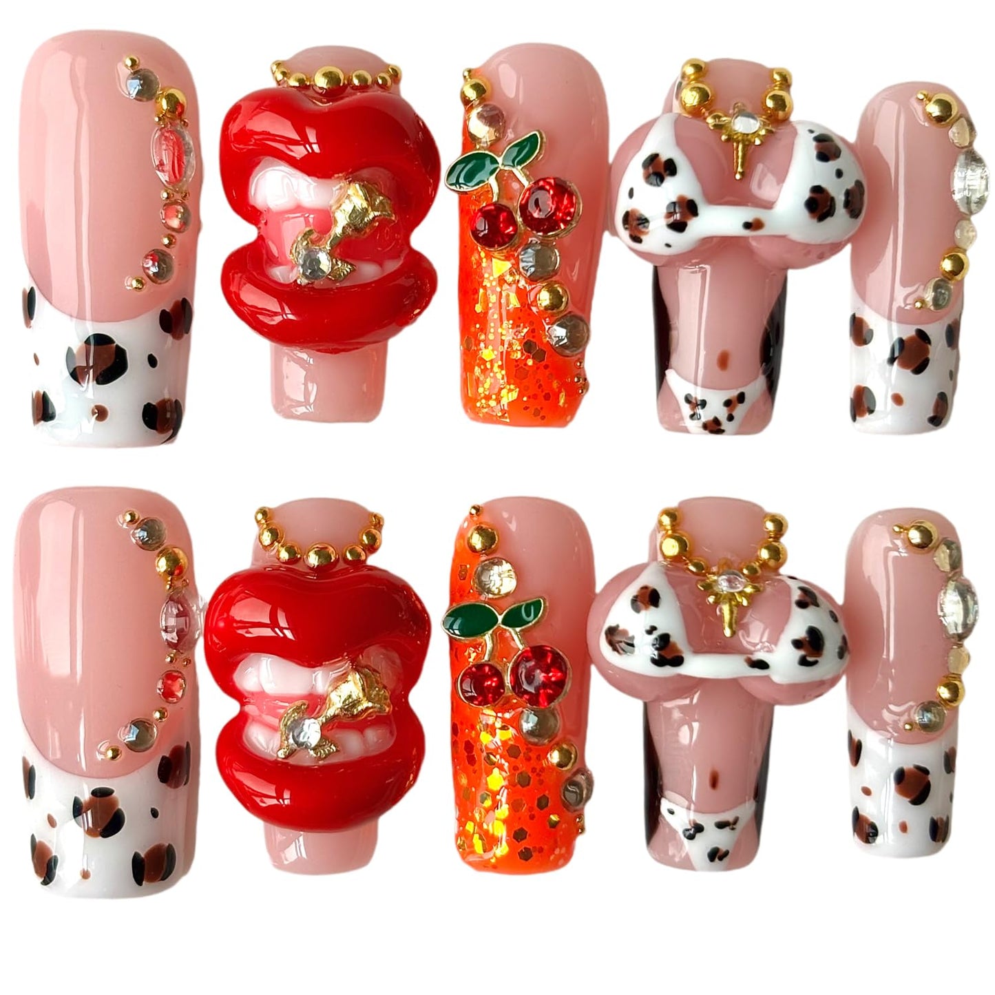 3D Handcrafted Press on Nails, Medium Square Shape, Y2K Leopard Print with Lip and Cherry Charm, Reusable Acrylic False Nails Pop Art (L)