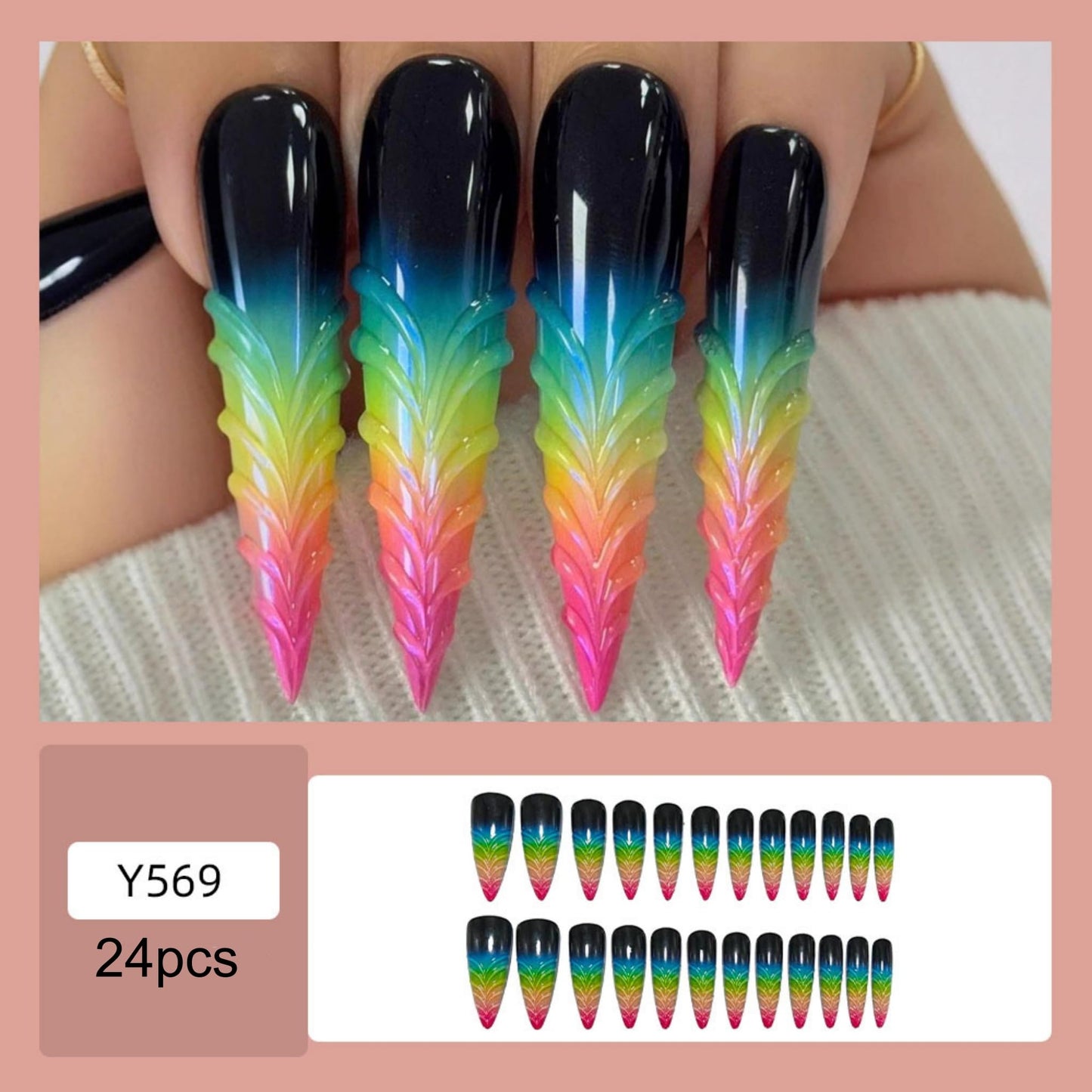 SEENEEY Long Press on Nails Stiletto Fake Nails Ombre Artificial Nail Extra Long Glitter Stick on Nail for Women 24pcs