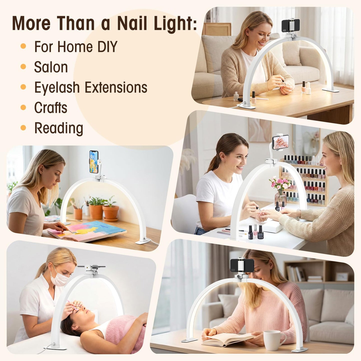 LIONVISON Half Moon Light for Desk: 29" Foldable Nail Light for Desk with Phone Holder - 3000K-6500K 3 Color Modes 10 Brightness for Salon Nail Technicians & Home DIY Manicure Enthusiasts (White)