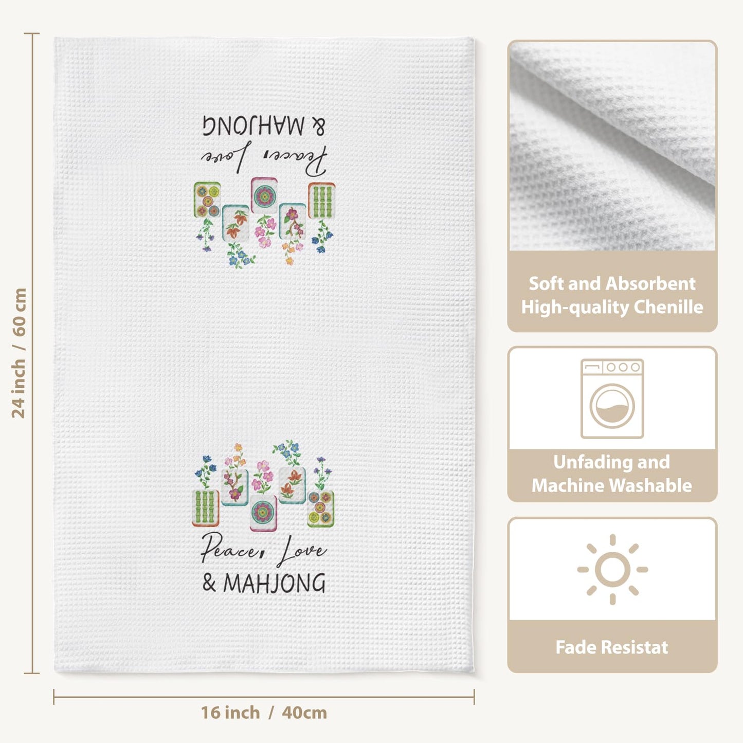 Bogatstvo Mahjong Gifts Dish Towels for Women Friends, Set of 2 Floral Mahjong Decorative Waffle Weave Kitchen Towels for Home Bar Bathroom, Housewarming Birthday Mothersday Gifts, Peace Love & Mahj