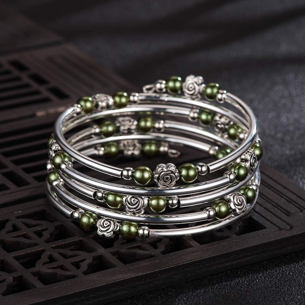 BULINLIN Wrap Bangle Rose Bead Bracelet - Beaded Bracelet with Natural Agate Stone Gifts For Women(01-Olive green pearl)