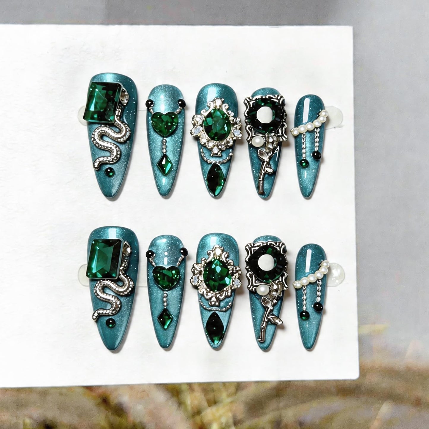 SILPECWEE 10PCS Almond Press on Nails Medium Green Cat Eye Fake Nails with Green Gem Alloy Nail Charms, Handmade Acrylic Long Press ons Nails for Women Manicure Supplies
