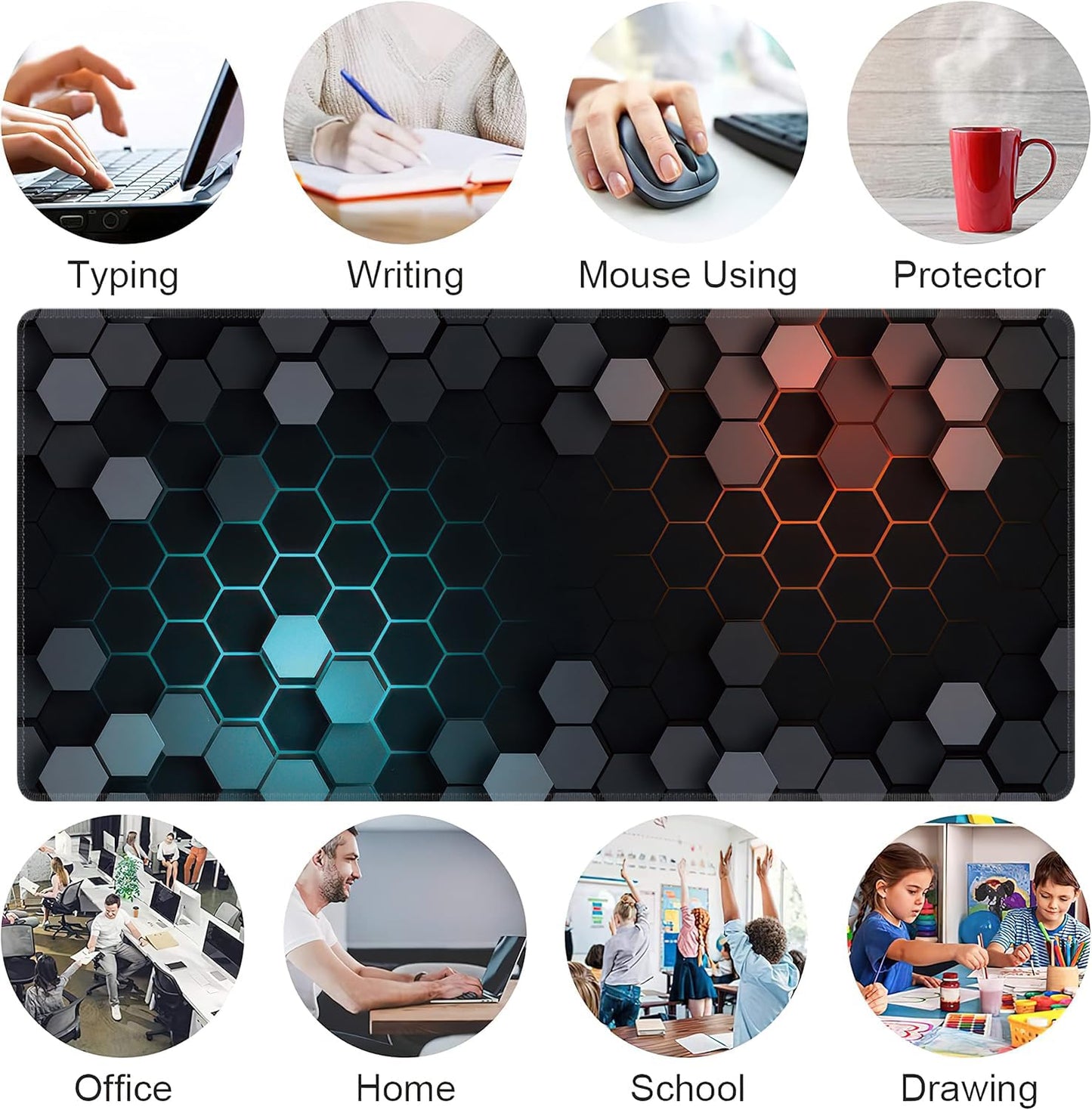 Hexagon Honeycomb Large Mouse Pad,Gaming Keyboard Desk Pad,Extended Mouse Mat Non-Slip Rubber Base with Stitched Edges for Office Game Home XXL 35.4"x15.7"