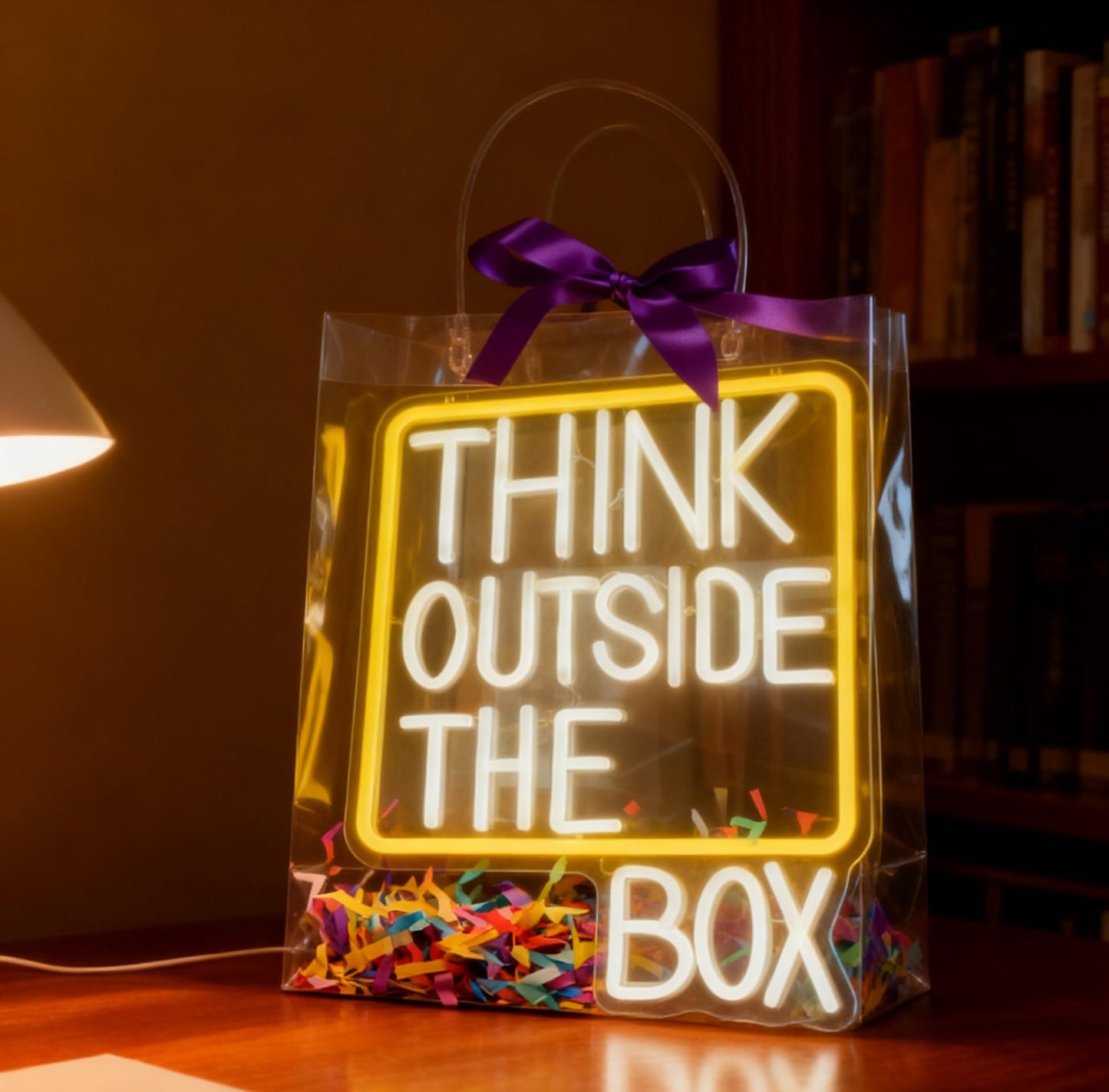 Think Outside The Box Neon Sign, USB Powered Dimmable Decorative Neon Light Home Office Creative Studio Classroom Study Space Decor Gift Wall Table Light Up Sign 16.3 x 11.8 In