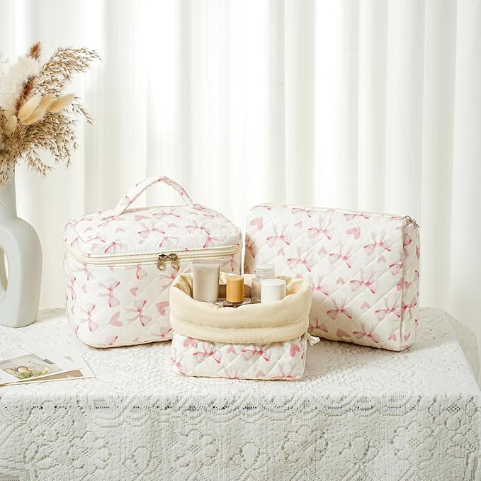 3Pcs Aesthetic Cotton Quilted Drawstring Makeup Bag Set, Aesthetic Cute Bow Makeup Pouch for Girls and Women, Aesthetic Travel Organized Cosmetic Bags for Purse(06Heart Bow)